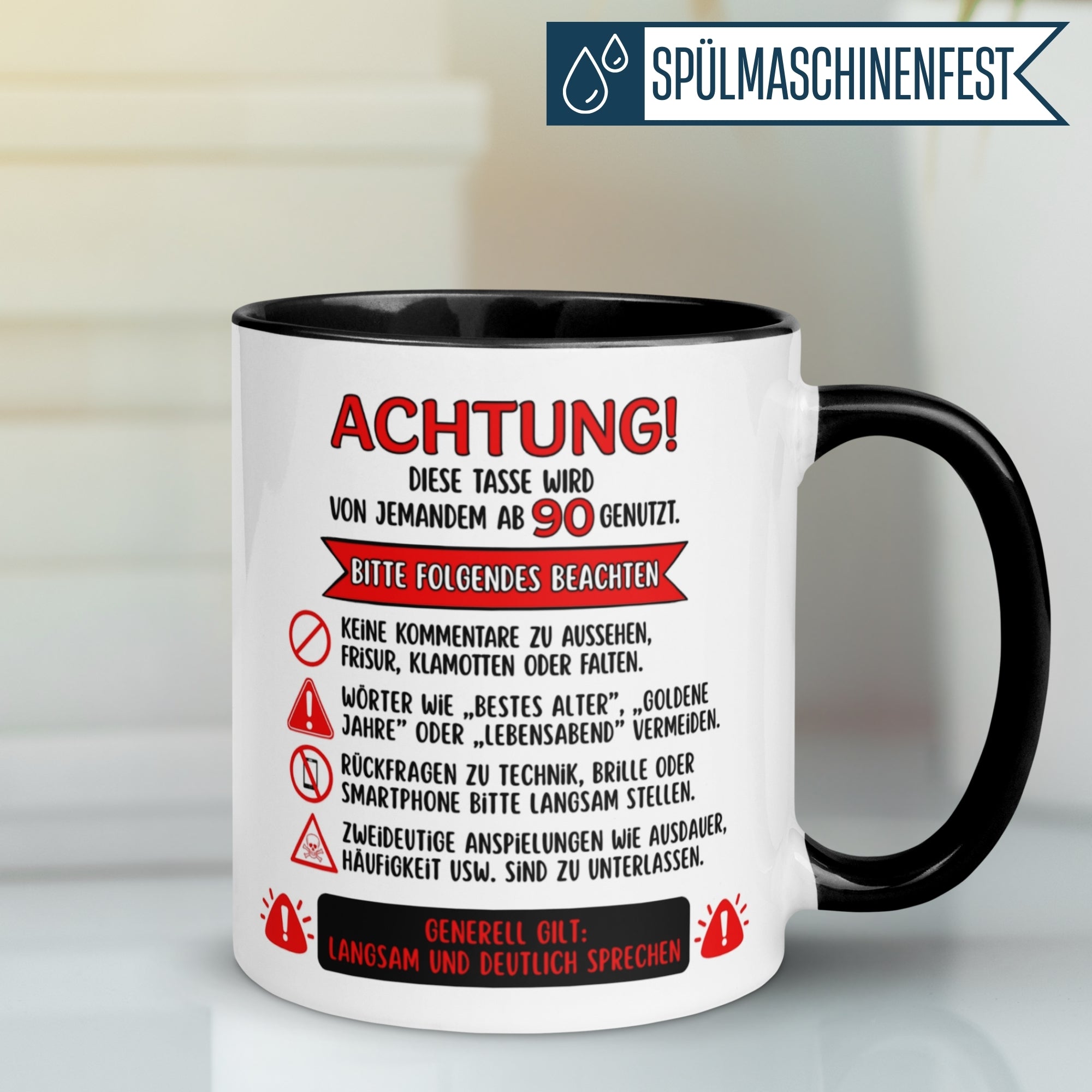 Momentals® Tasse 90. Geburtstag | Warnhinweis & Spruch | Achtung – Diese Tasse wird von jemandem ab 90 genutzt