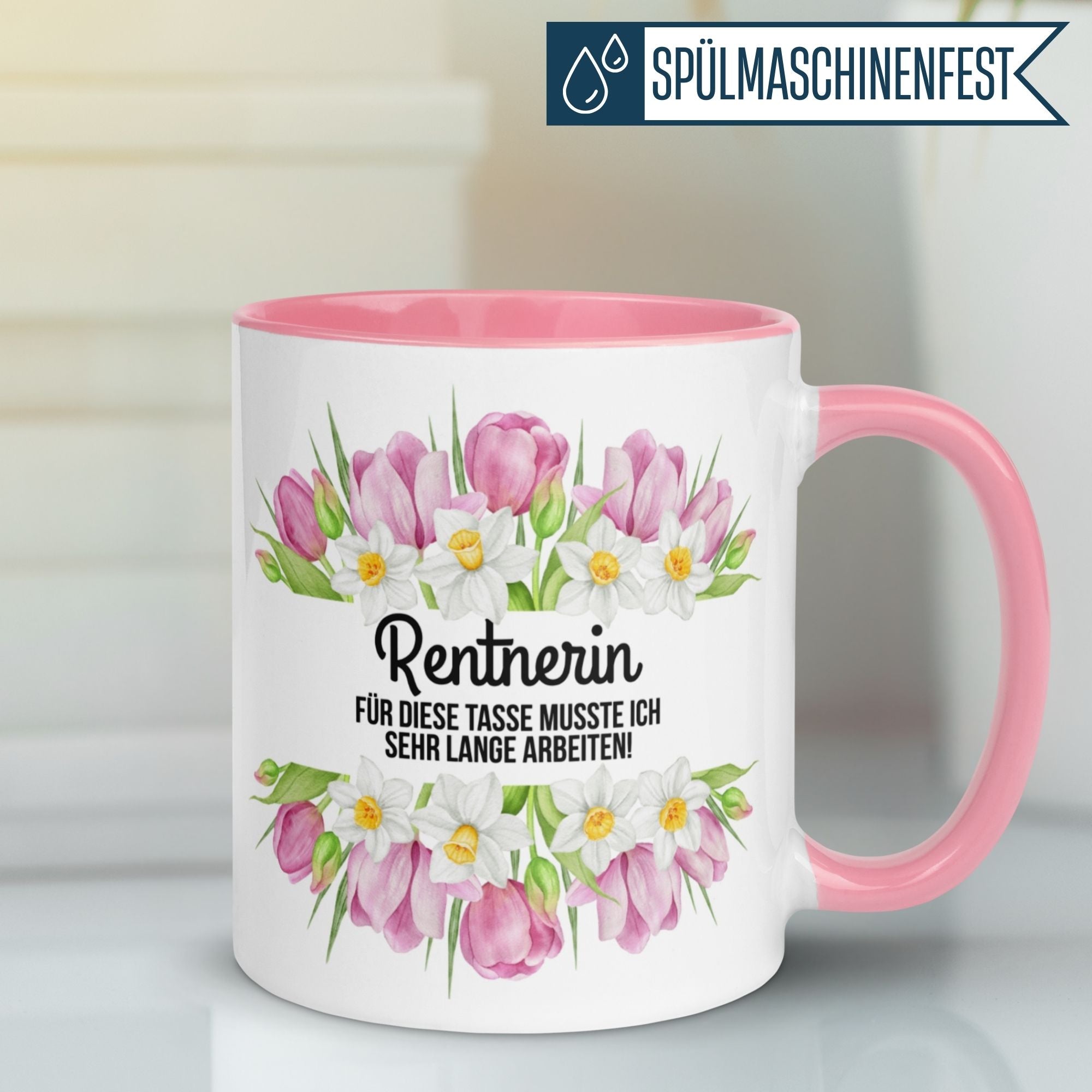 Momentals Tasse für Rentnerinnen mit fröhlichem Frühlingsblumen-Motiv und Spruch zur Rente.