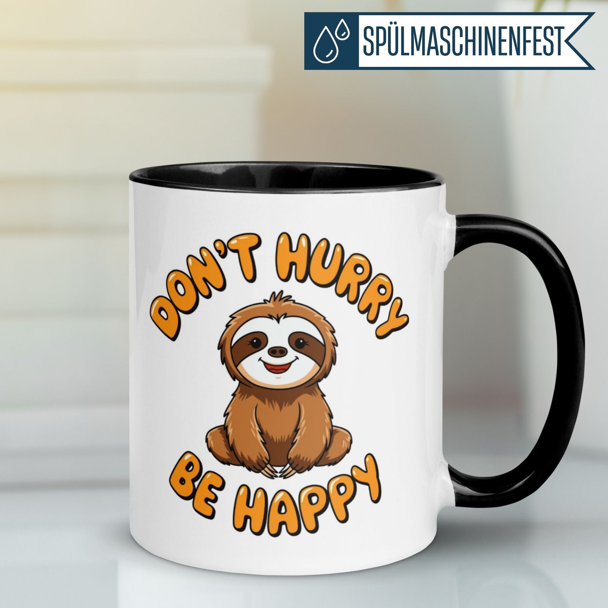 Momentals® Tasse mit Faultier und Spruch 'Don't Hurry - Be Happy', ideal für entspannte Tierfreunde.