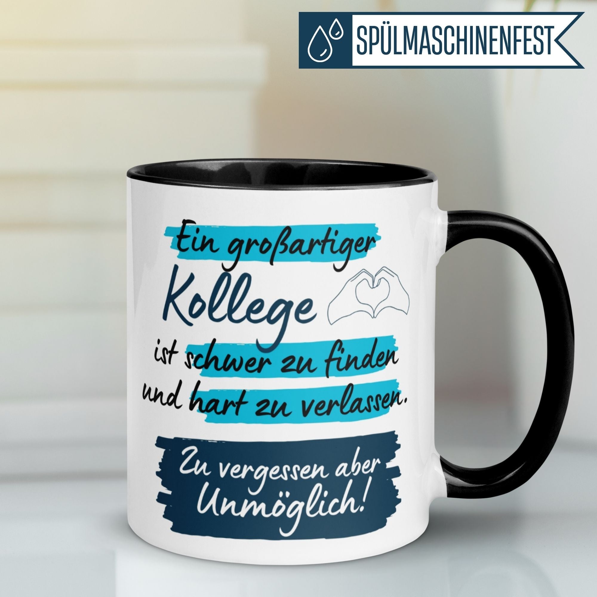 Momentals Tasse mit Spruch über tolle Kollegen und Teamgeist, schwarz-weißer Kaffeebecher