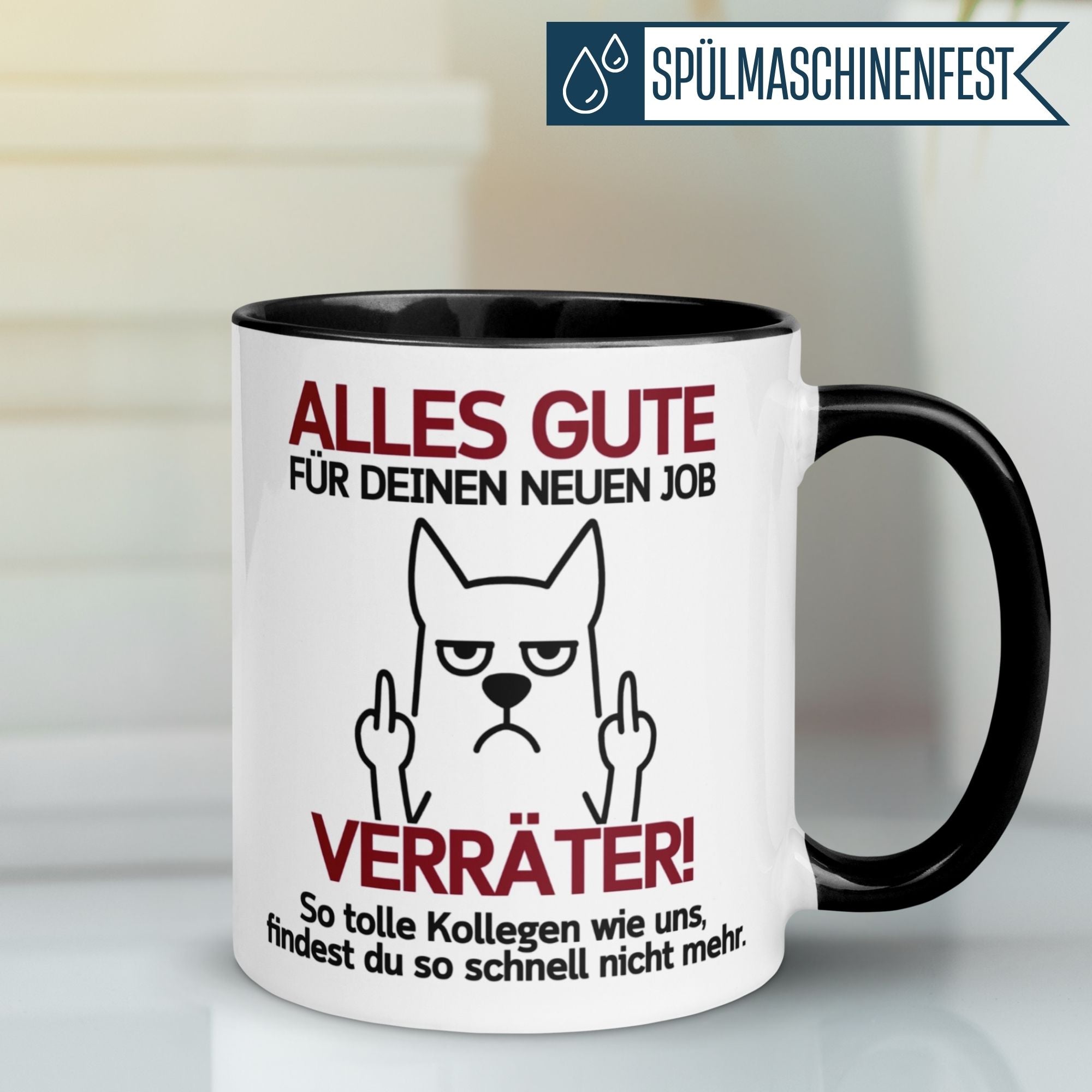 Momentals Tasse mit Spruch "Alles Gute für deinen neuen Job - Verräter!" und lustigem Katzenmotiv.