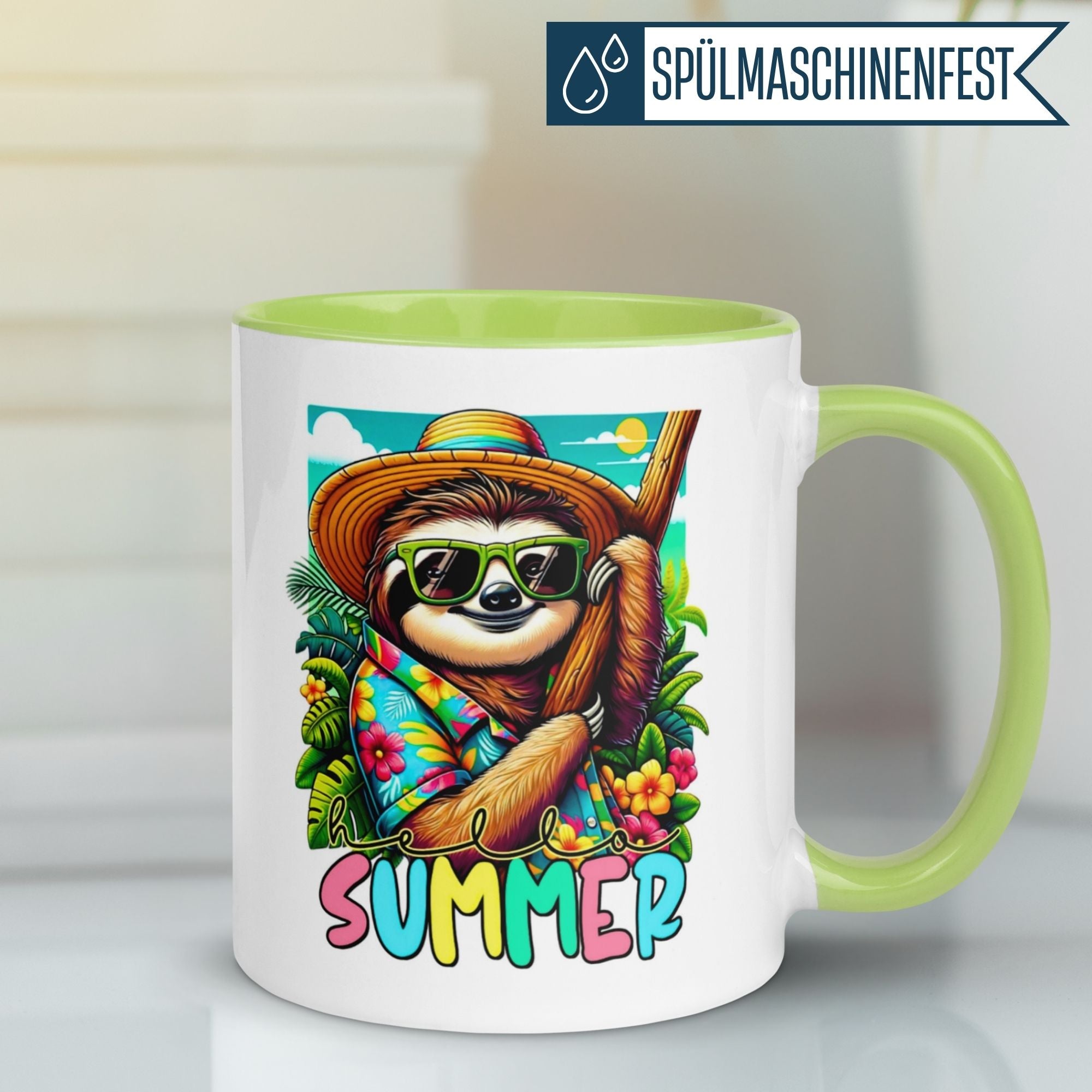 Momentals® Tasse mit Faultier im Hawaiihemd, ideal für Sommerfrühstück und Urlaubsfeeling.