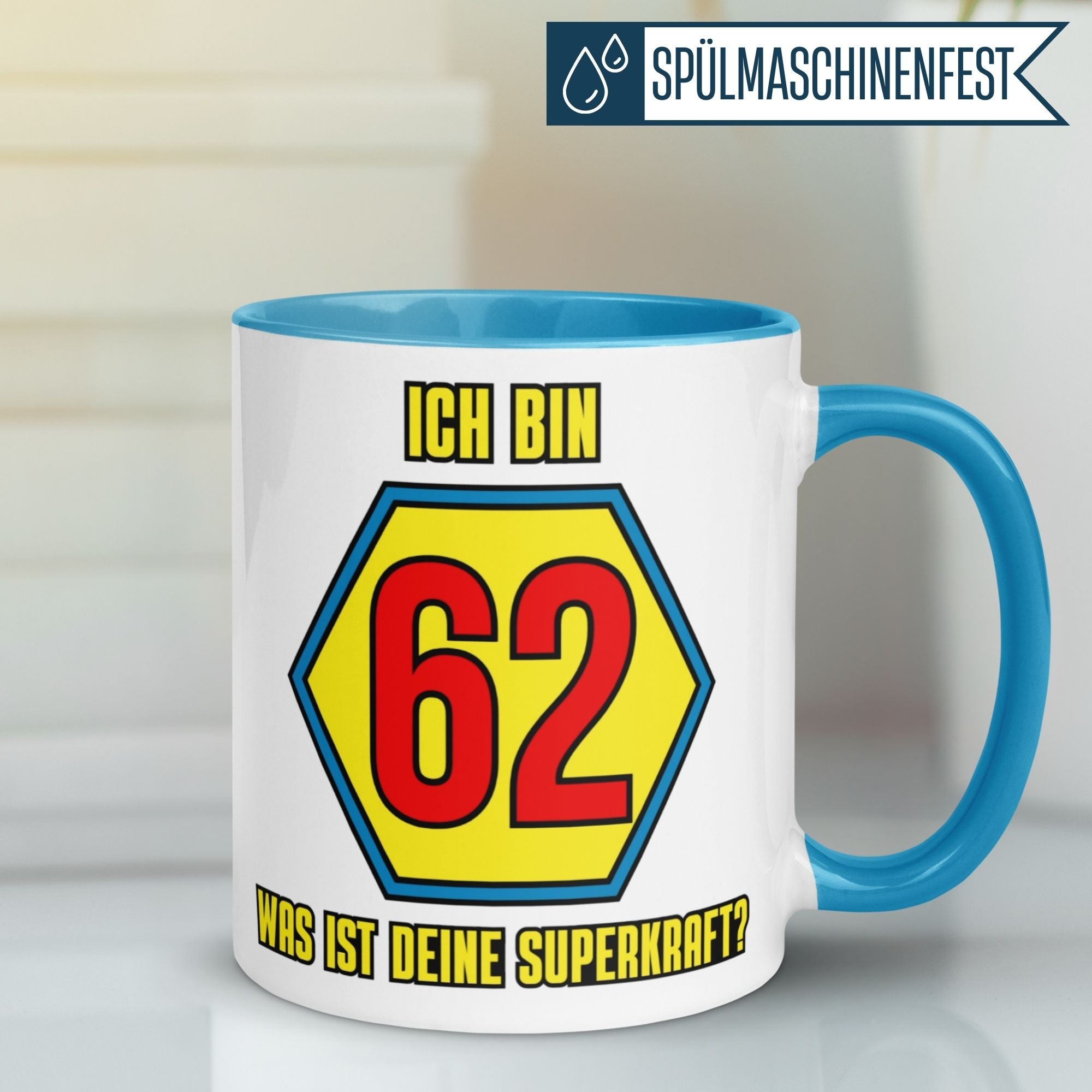 Momentals® Tasse 62. Geburtstag | Superheld & Spruch | Ich bin 62 und was ist deine Superkraft