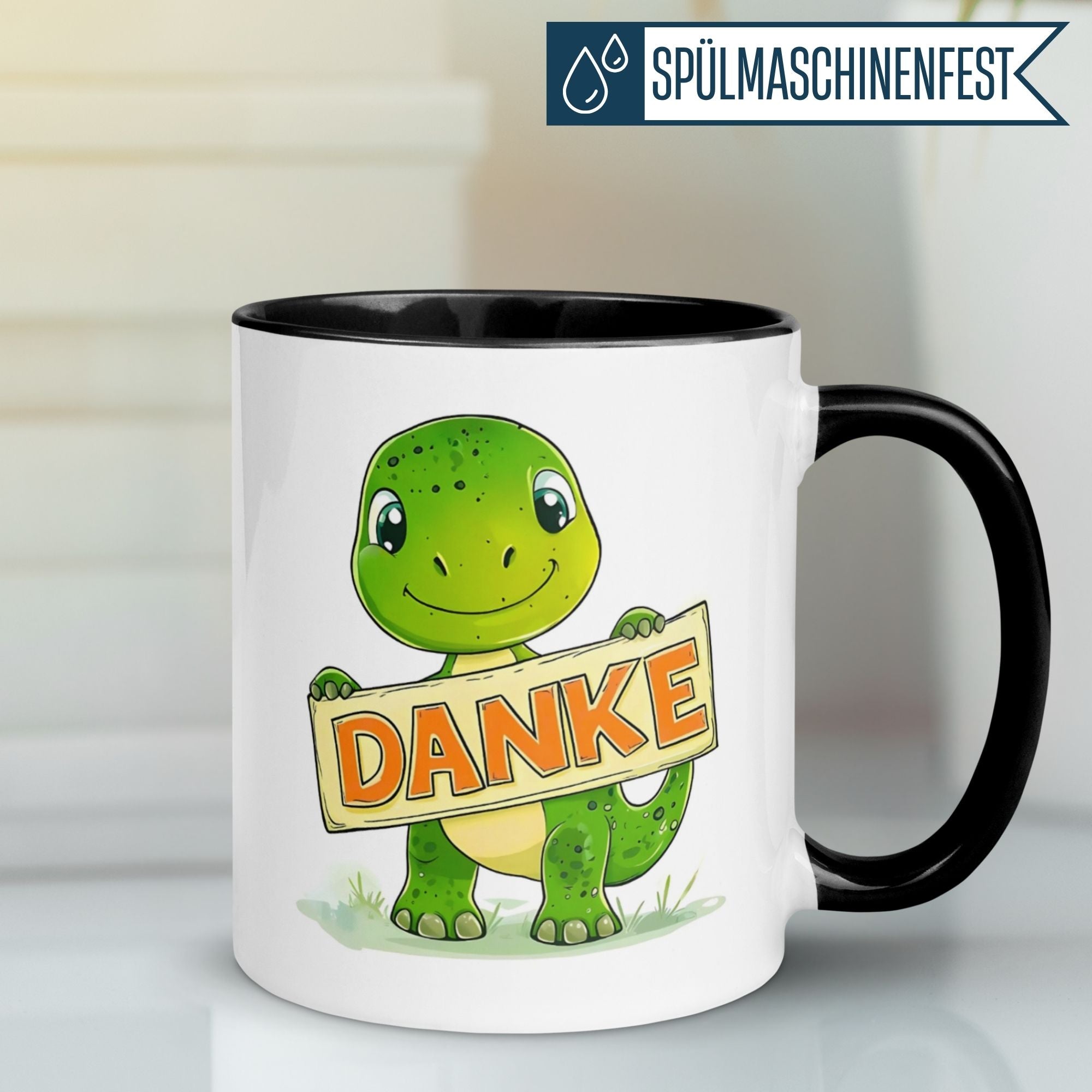 Momentals Tasse mit Dino Motiv und Danke-Schild für herzliche Dankesbotschaften.