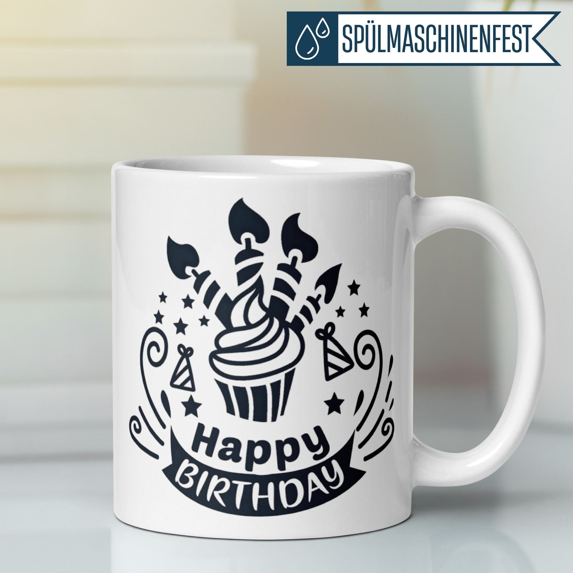Stylish black-and-white birthday mug featuring a cupcake and candles, perfect for celebrating special occasions.