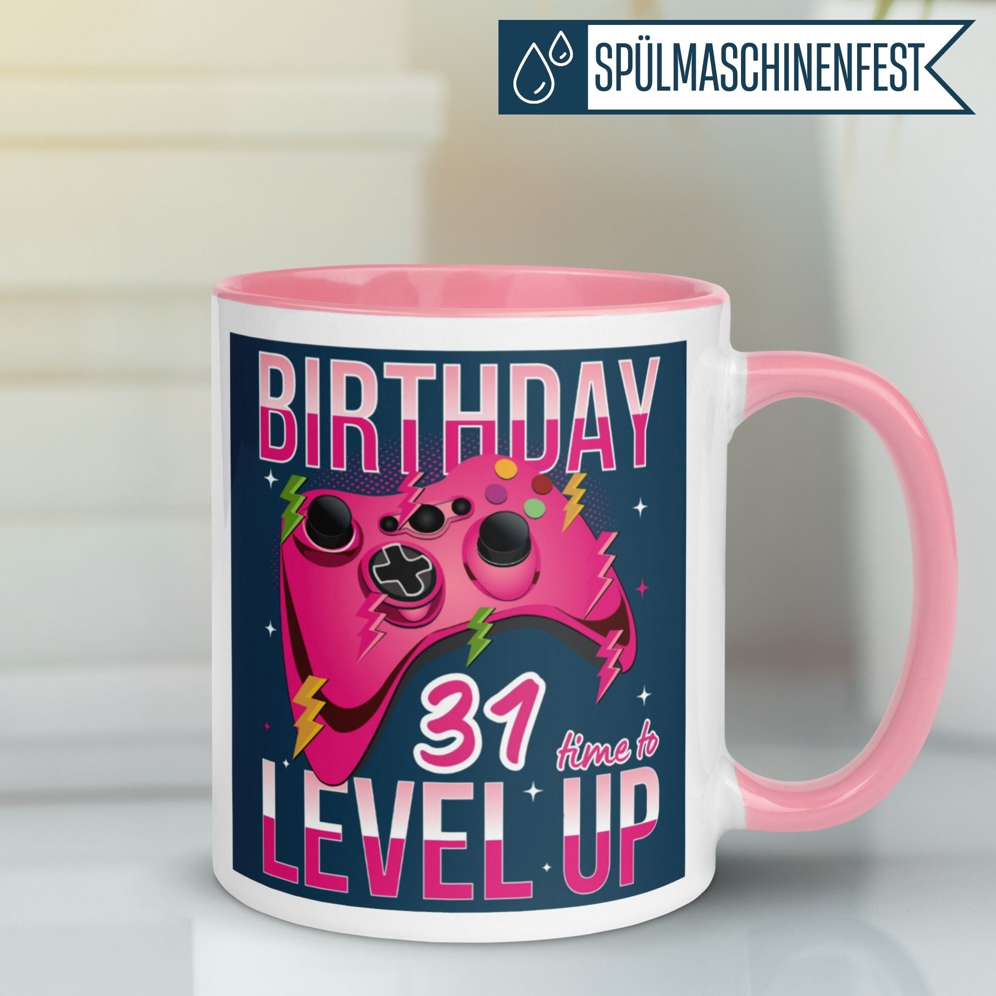 Colorful birthday mug with gamer design celebrating 31st birthday, perfect gift for coffee or tea lovers.