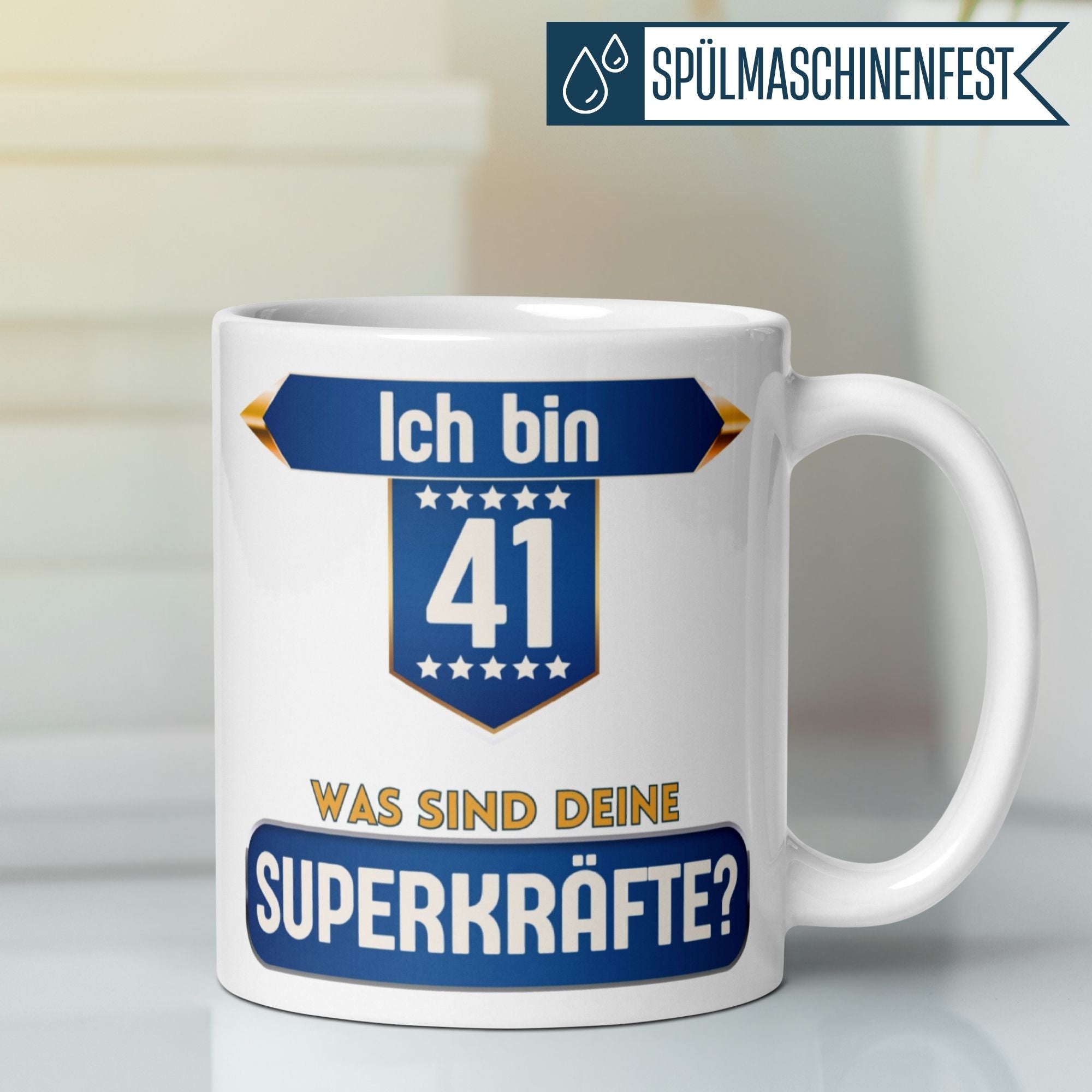 Momentals Tasse für 41. Geburtstag mit Aufschrift: Ich bin 41 – was sind deine Superkräfte?
