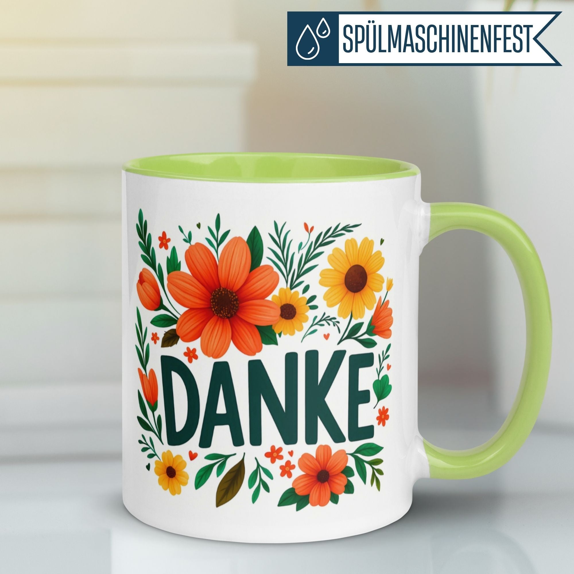 Momentals® Tasse mit buntem Blumen-Danke-Motiv, ideal für Kaffeepausen und Wertschätzungsgeschenke.