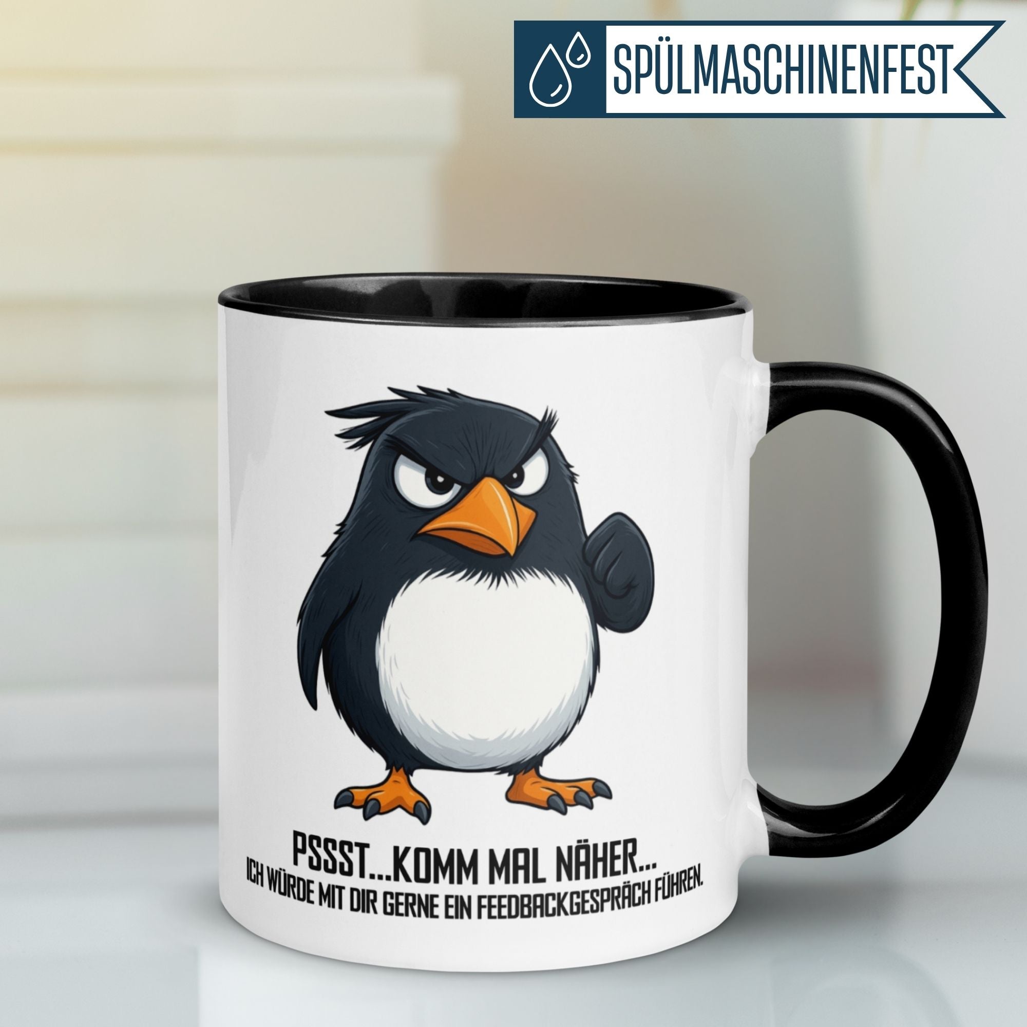 Momentals Tasse für Morgenmuffel mit Pinguin-Motiv und witzigem Spruch: "Pssst... komm mal näher!"
