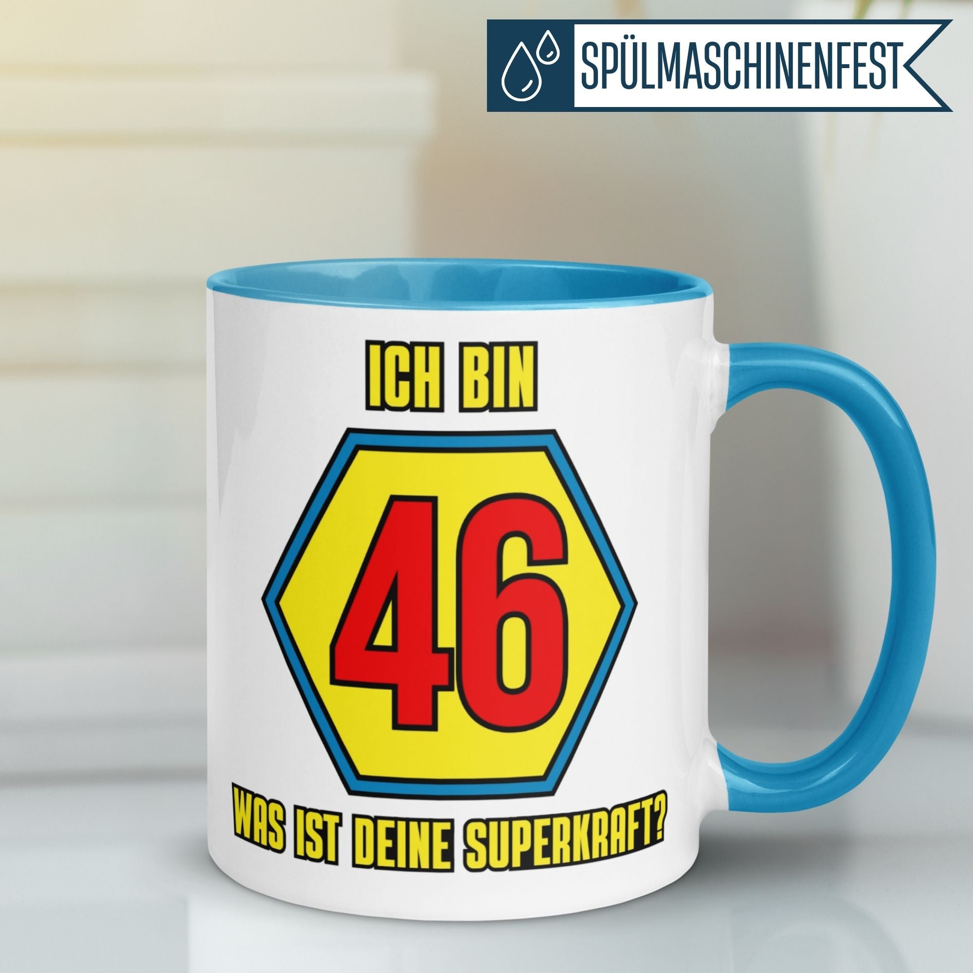 Momentals® Tasse 46. Geburtstag | Superheld & Spruch | Ich bin 46 und was ist deine Superkraft