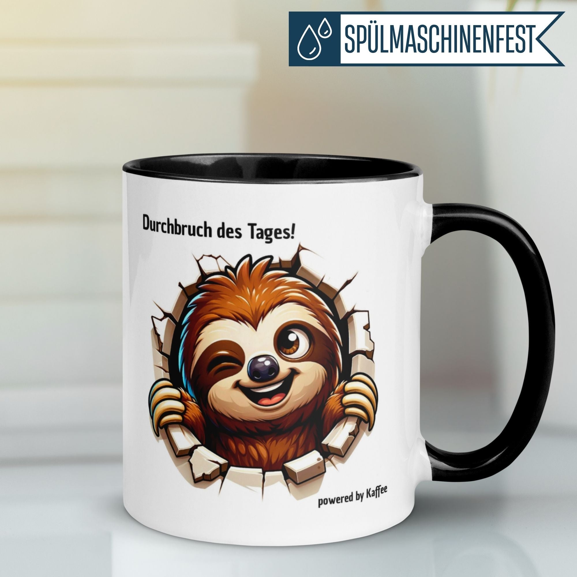 Schwarz-weiße Kaffeetasse mit Faultier und Spruch "Durchbruch des Tages!" für motivierte Morgen.