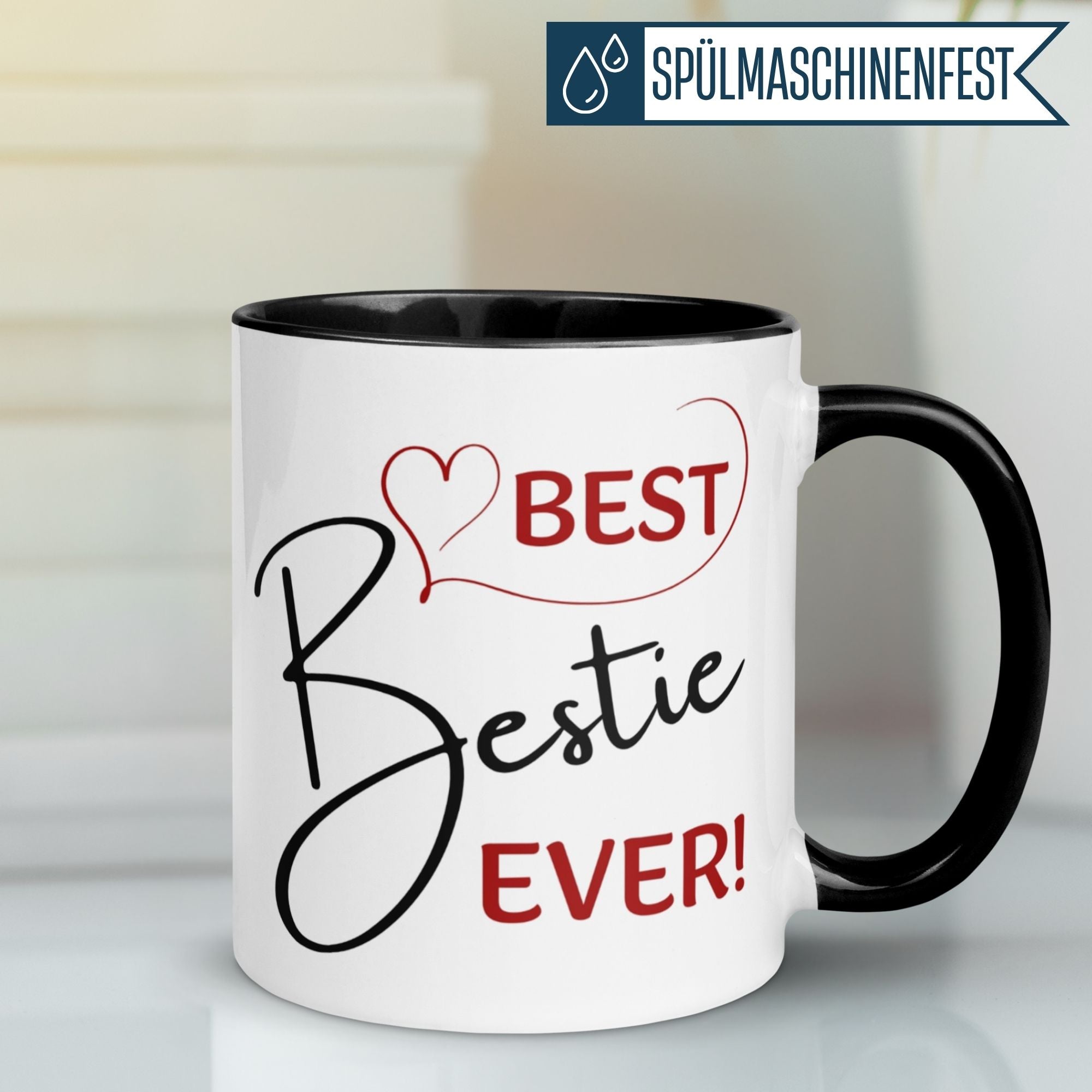 Tasse von Momentals mit dem Schriftzug "Best Bestie Ever!" in pink-schwarz, ideal für beste Freunde.
