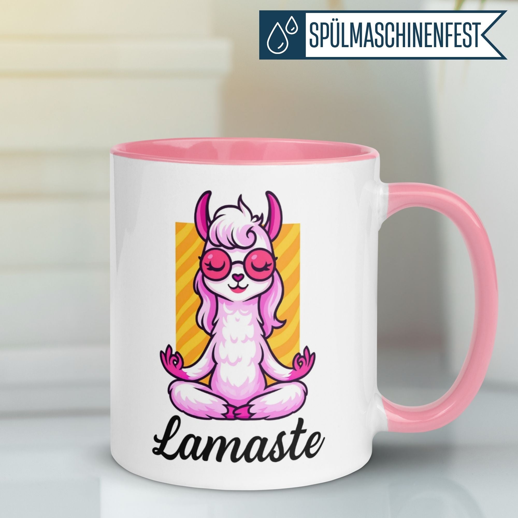 Humorous Lama mug with 'Lamaste' text, featuring a cute llama in sunglasses, perfect for animal lovers.