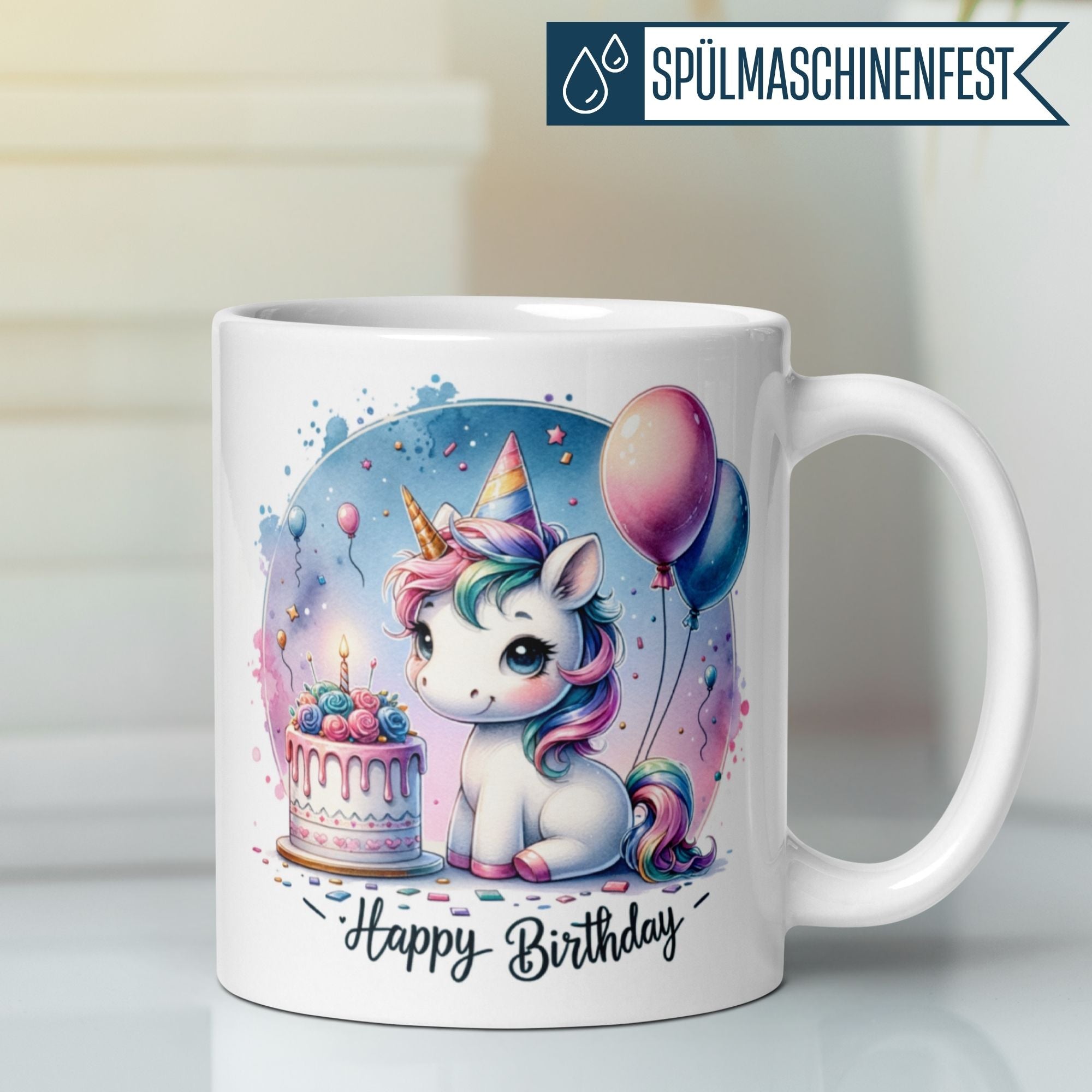 Happy Birthday mug featuring a cute unicorn with a birthday cake and balloons in pastel colors.
