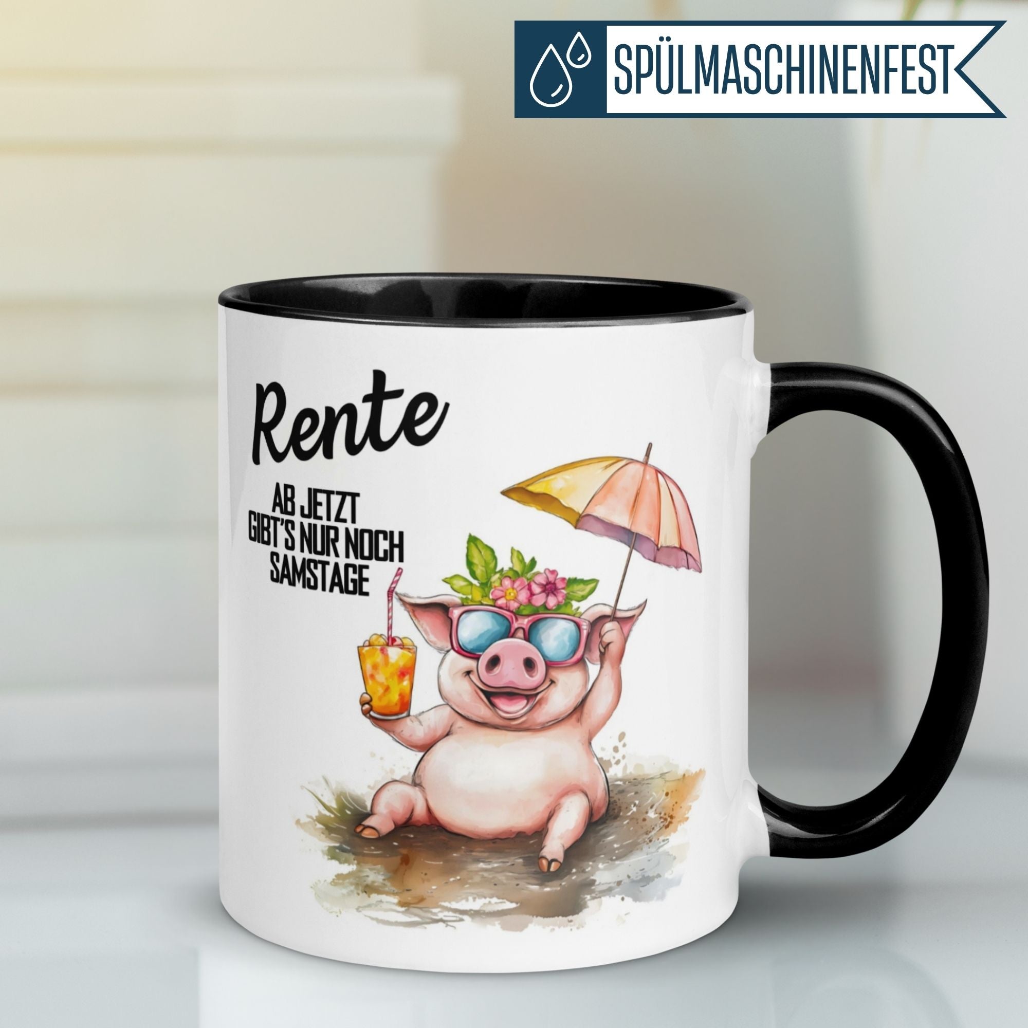 Momentals Tasse mit lustigem Schwein, Sonnenbrille und Spruch zur Rente, ideal für entspannte Samstage.