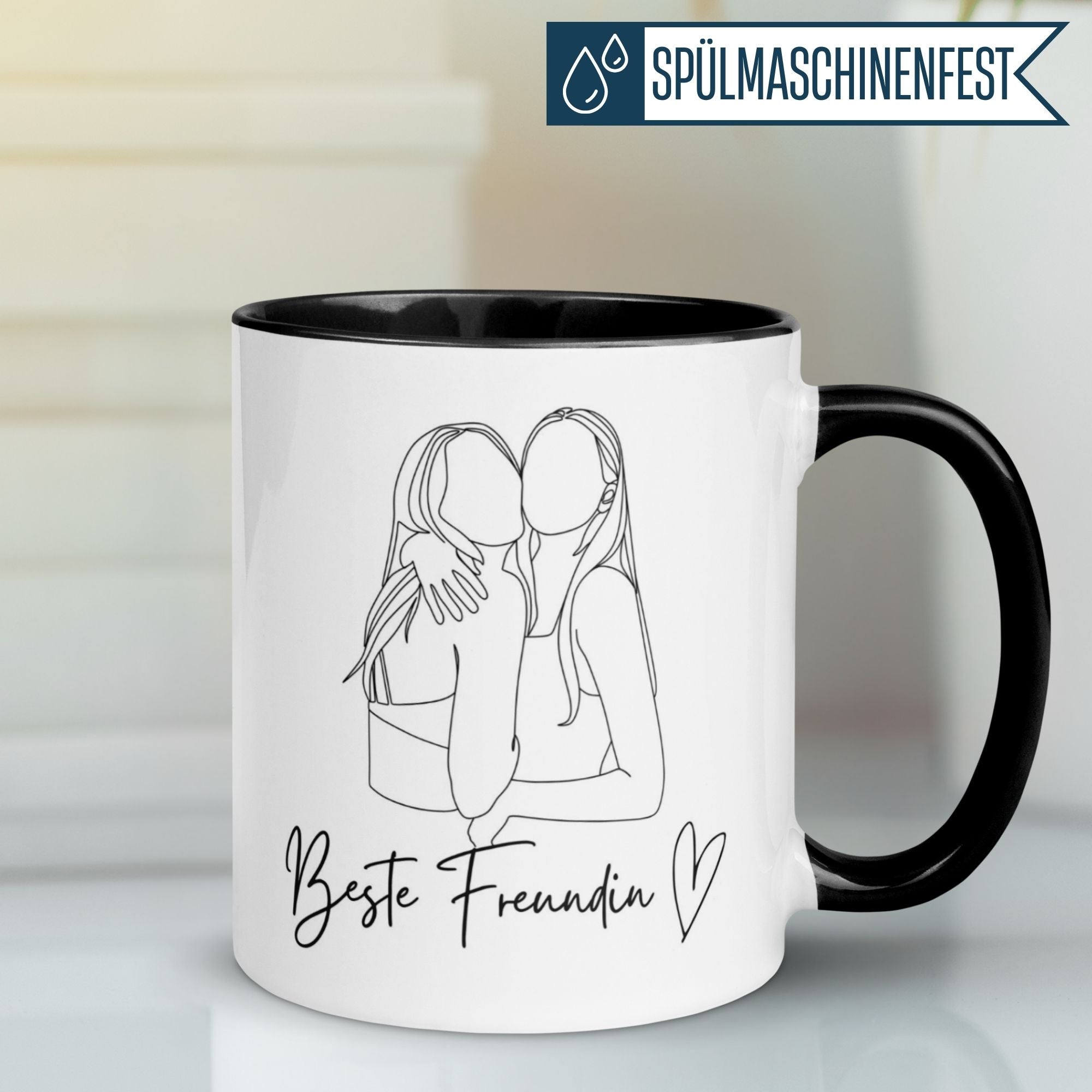 Momentals Tasse mit Line-Art Design von zwei umarmenden Frauen, beschriftet 'Beste Freundin' zum Verschenken.