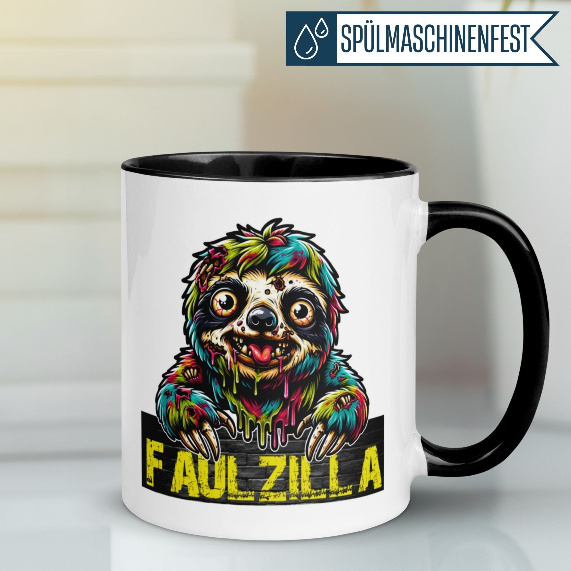 Bunte Momentals Tasse mit Faulzilla-Motiv, farbenfrohes Faultier mit charmantem Design.