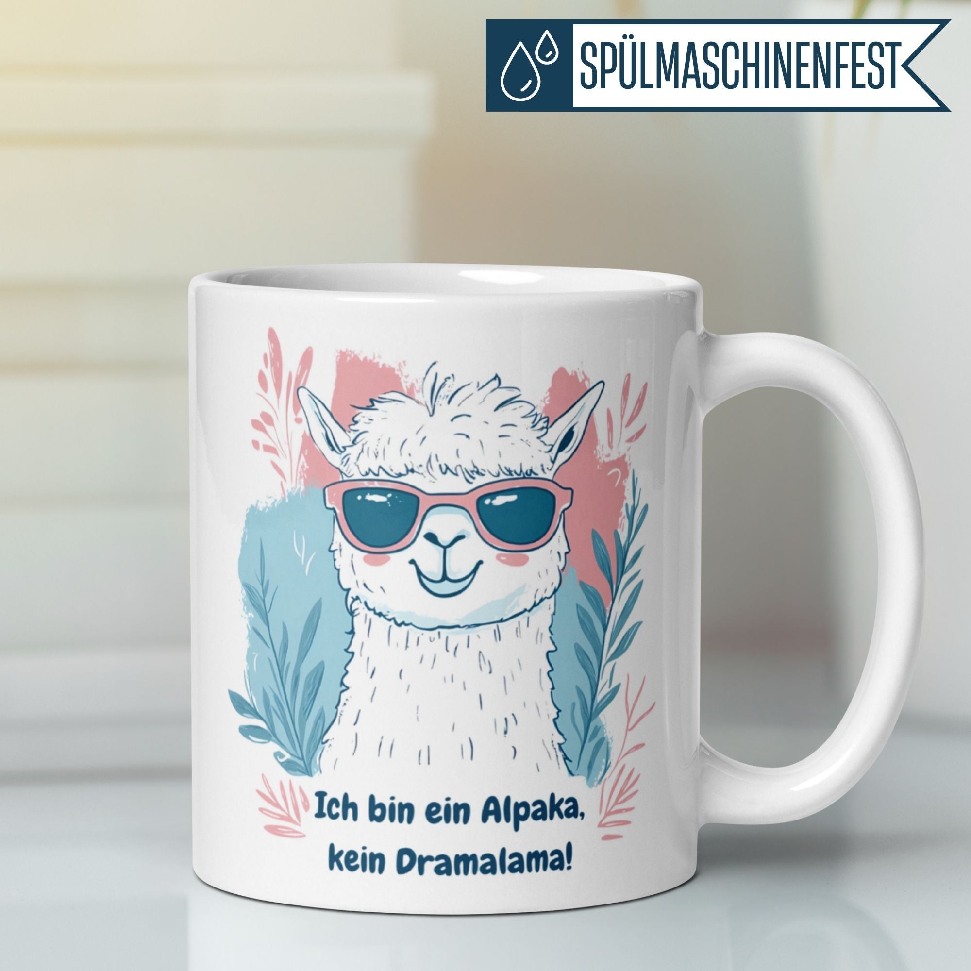 Momentals Tasse mit Alpaka in Sonnenbrille und Spruch: Ich bin ein Alpaka, kein Dramalama! Ideal für Tierliebhaber.