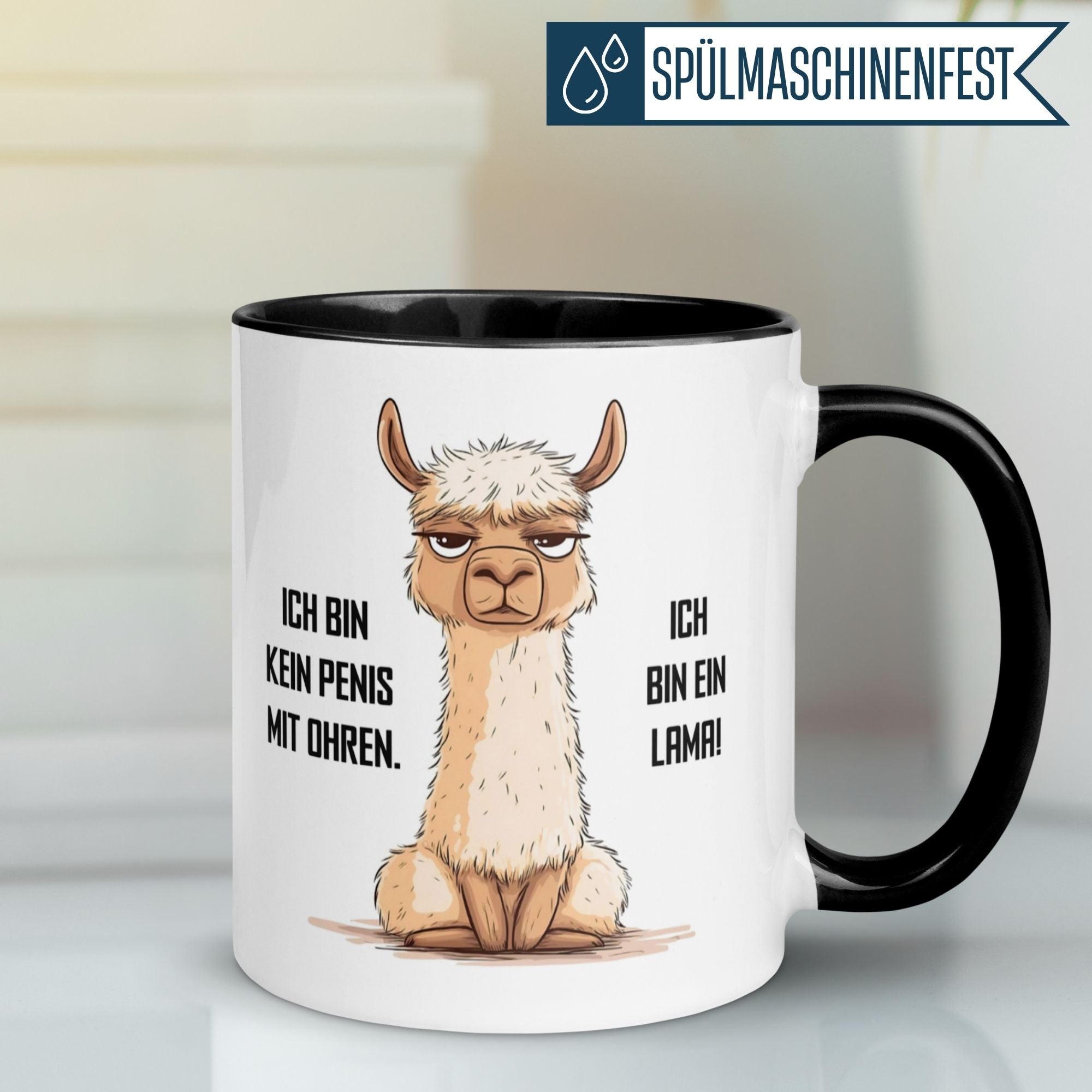 Momentals® Tasse mit grimmigem Lama und Spruch: „Ich bin kein Penis mit Ohren – ich bin ein Lama!“