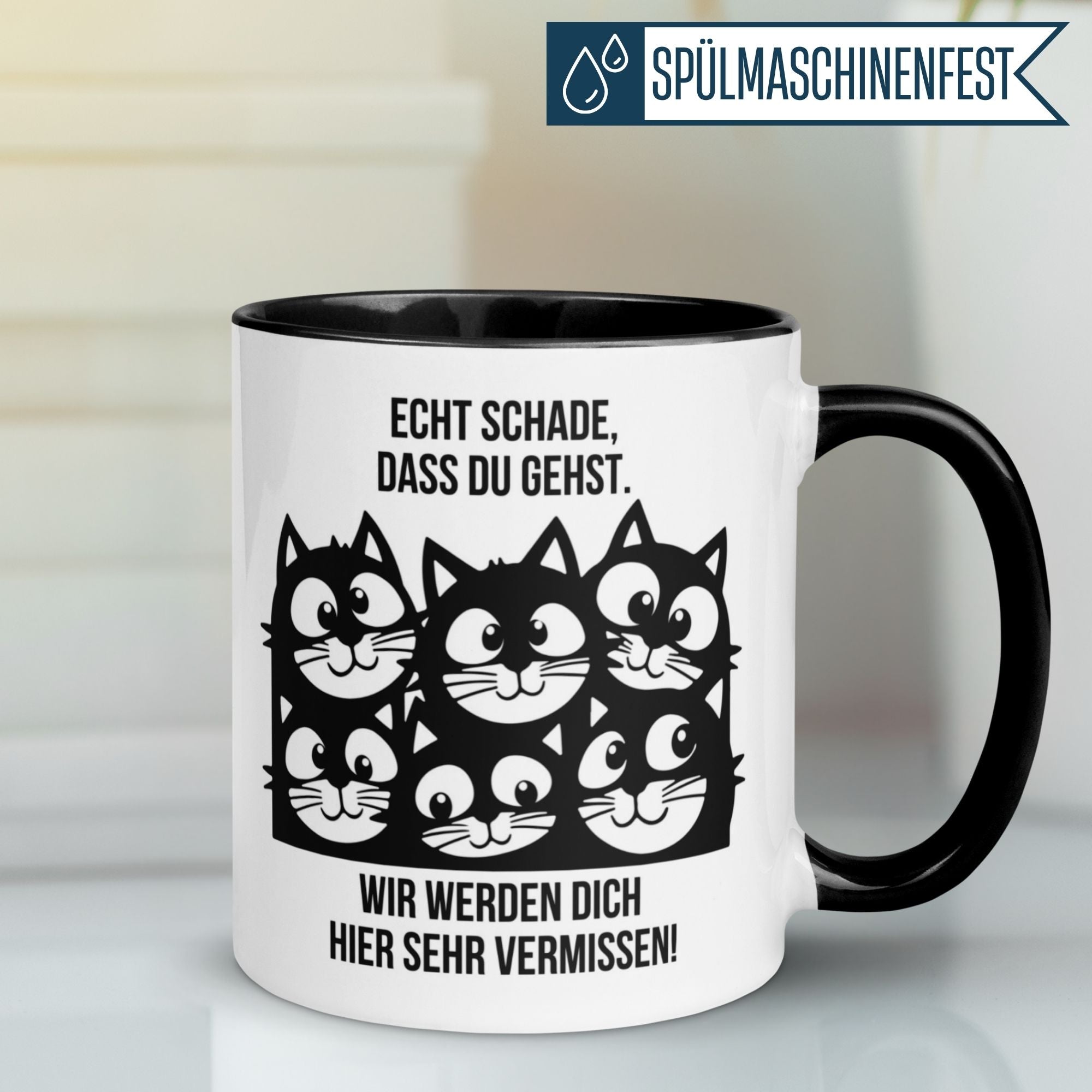 Momentals Tasse mit Katzen-Motiv und Spruch "Echt schade, dass du gehst" als Abschiedsgeschenk.