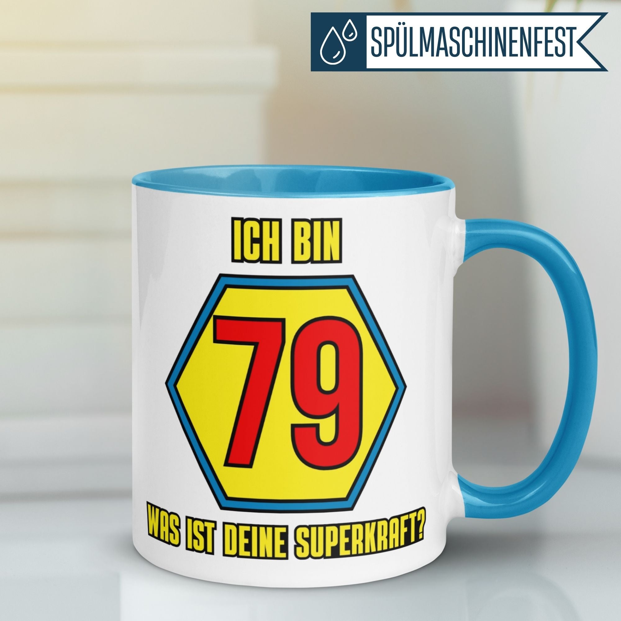 Momentals® Tasse 79. Geburtstag | Superheld & Spruch | Ich bin 79 und was ist deine Superkraft