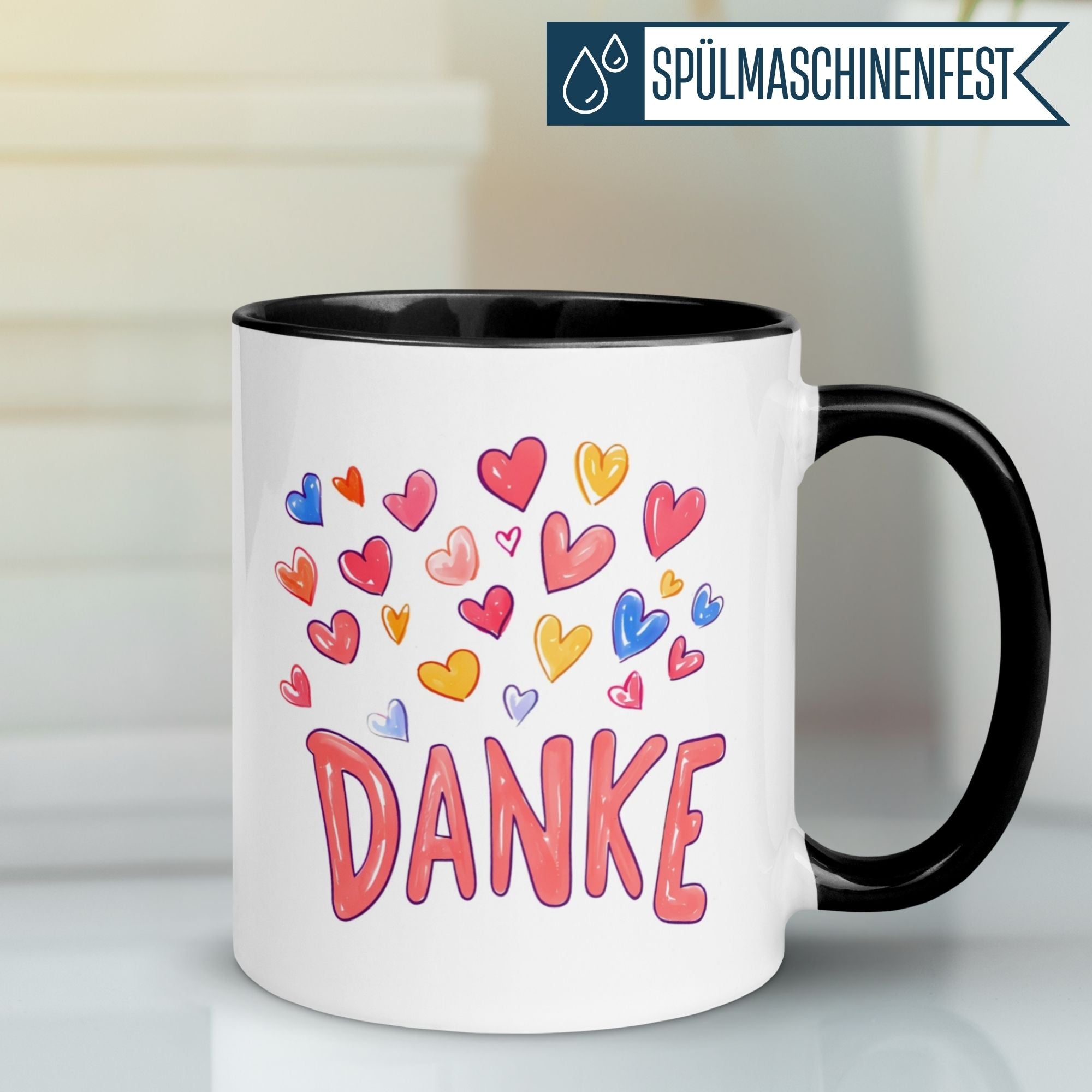Momentals® Tasse "Danke" mit bunten Herzen für liebevolle Wertschätzung in jeder Kaffeepause.