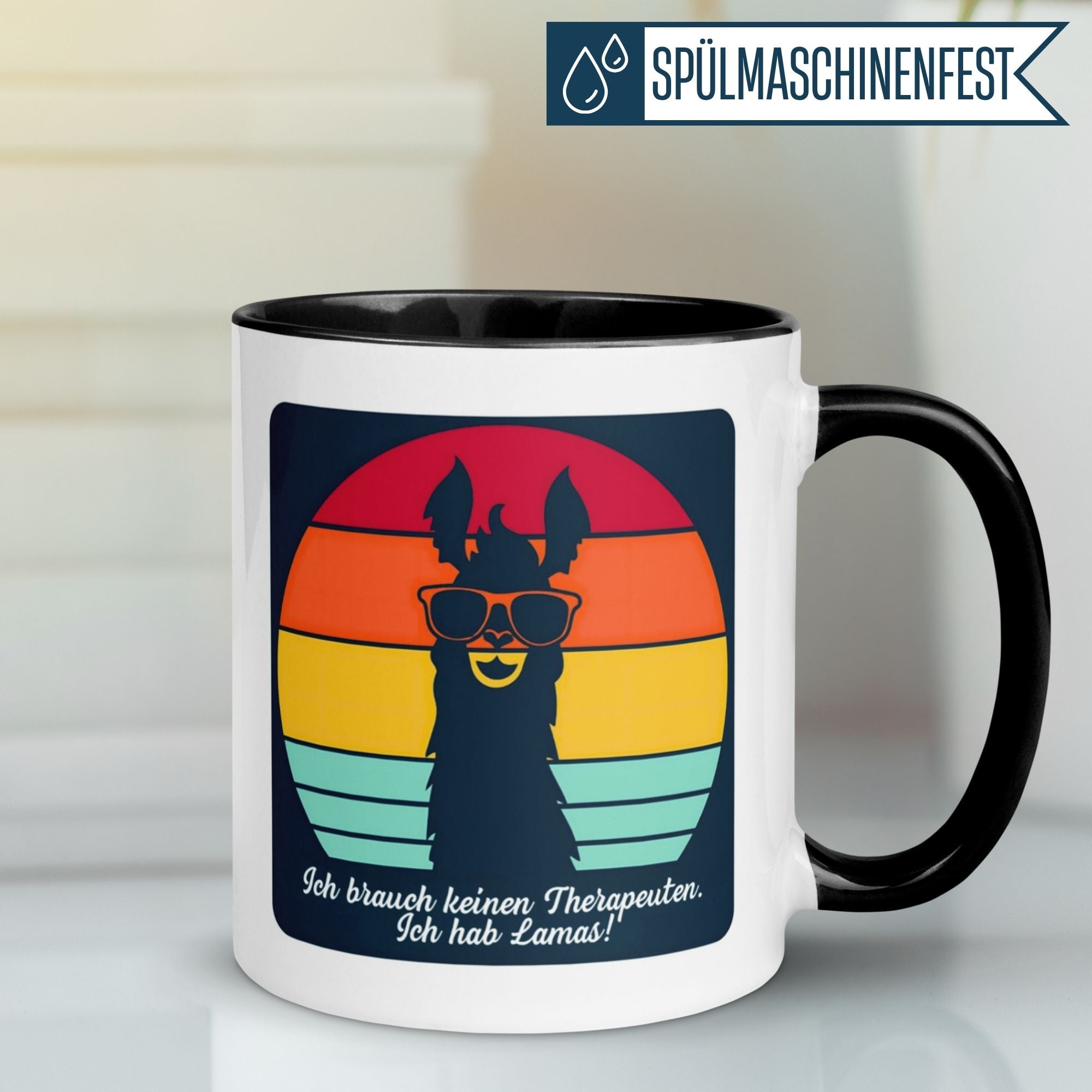 Momentals Tasse mit Lama im Retro-Stil und Spruch: 'Ich brauch keinen Therapeuten, ich hab Lamas!'