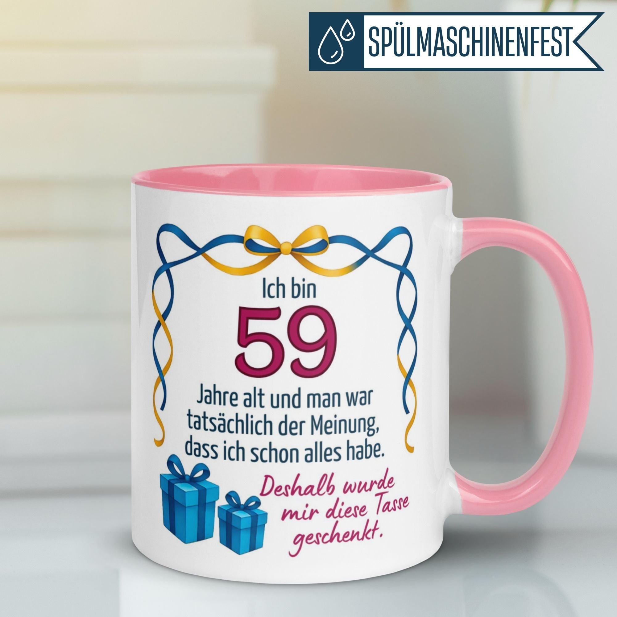 Momentals® Tasse für den 59. Geburtstag mit witzigem Spruch und Geschenkmotiv, ideal als Geschenk für Frauen.