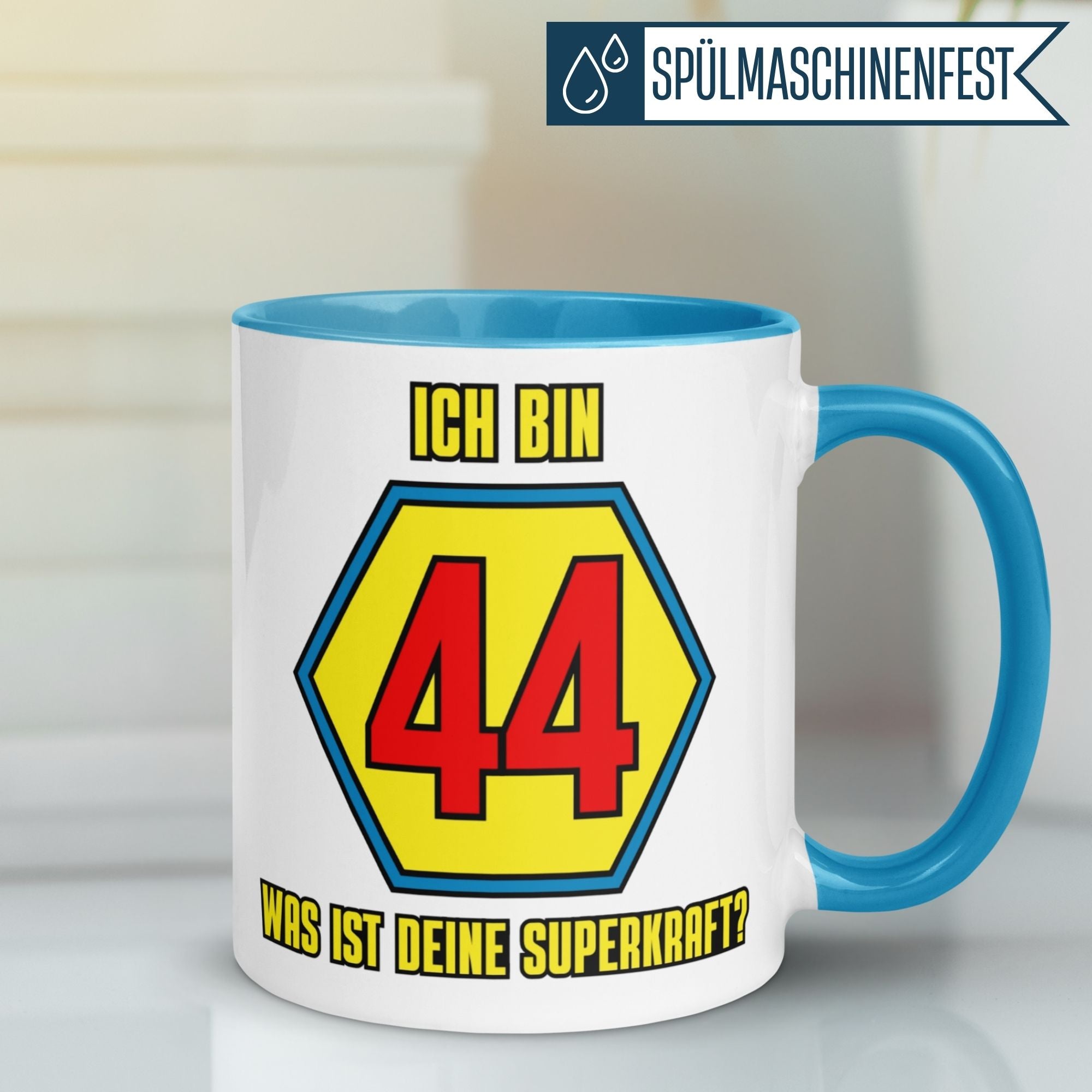 Momentals® Tasse 44. Geburtstag | Superheld & Spruch | Ich bin 44 und was ist deine Superkraft