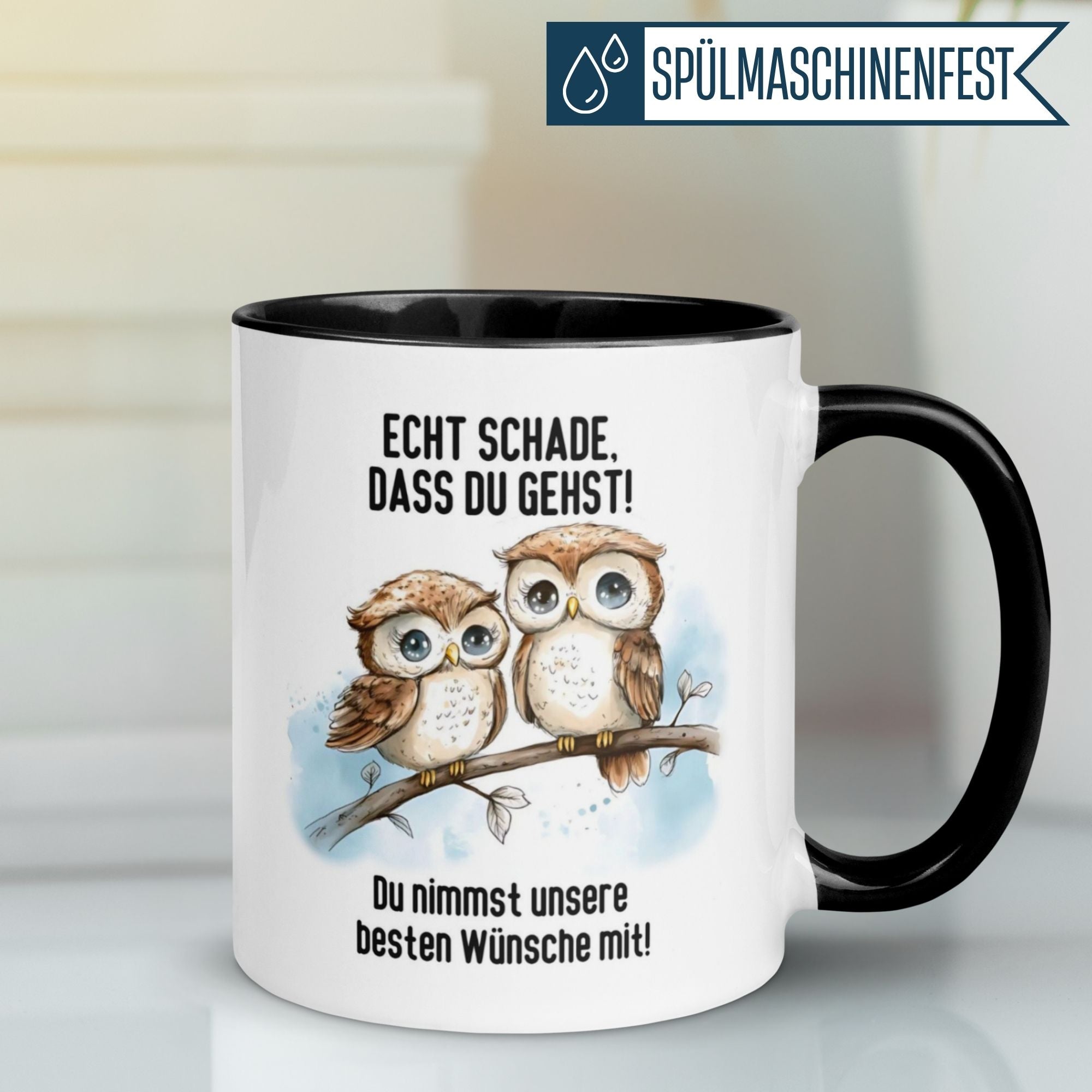 Momentals Tasse mit zwei Eulen und Spruch zum Abschied, ideal als Geschenk für Kollegen.