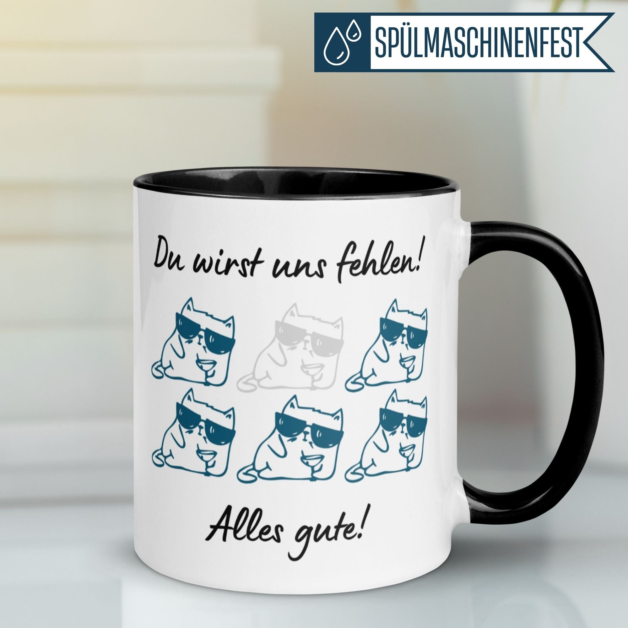 Momentals Tasse mit Katzen und Spruch 'Du wirst uns fehlen! Alles Gute!' für Kollegen.