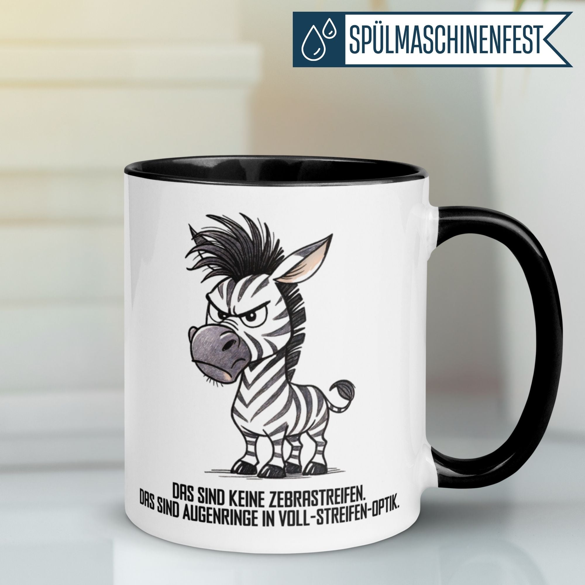 Momentals Tasse mit Zebra-Motiv und witzigem Spruch für Morgenmuffel, ideal für Kaffeeliebhaber.