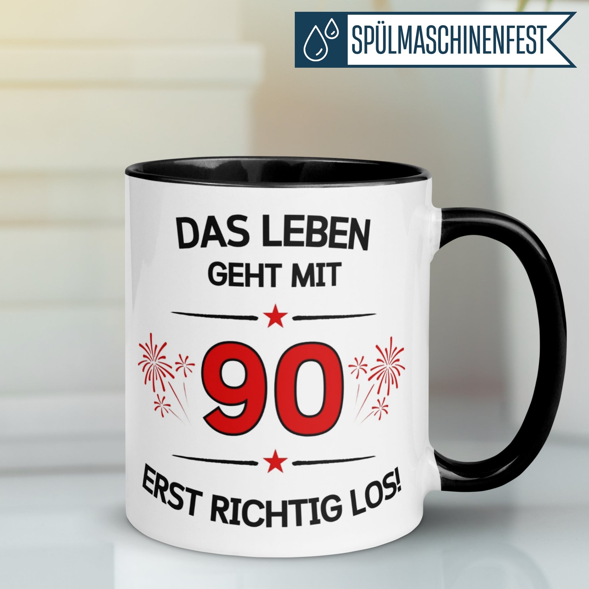 Tasse 90. Geburtstag | Feuerwerk & Spruch | Das Leben geht mit 90 erst Los
