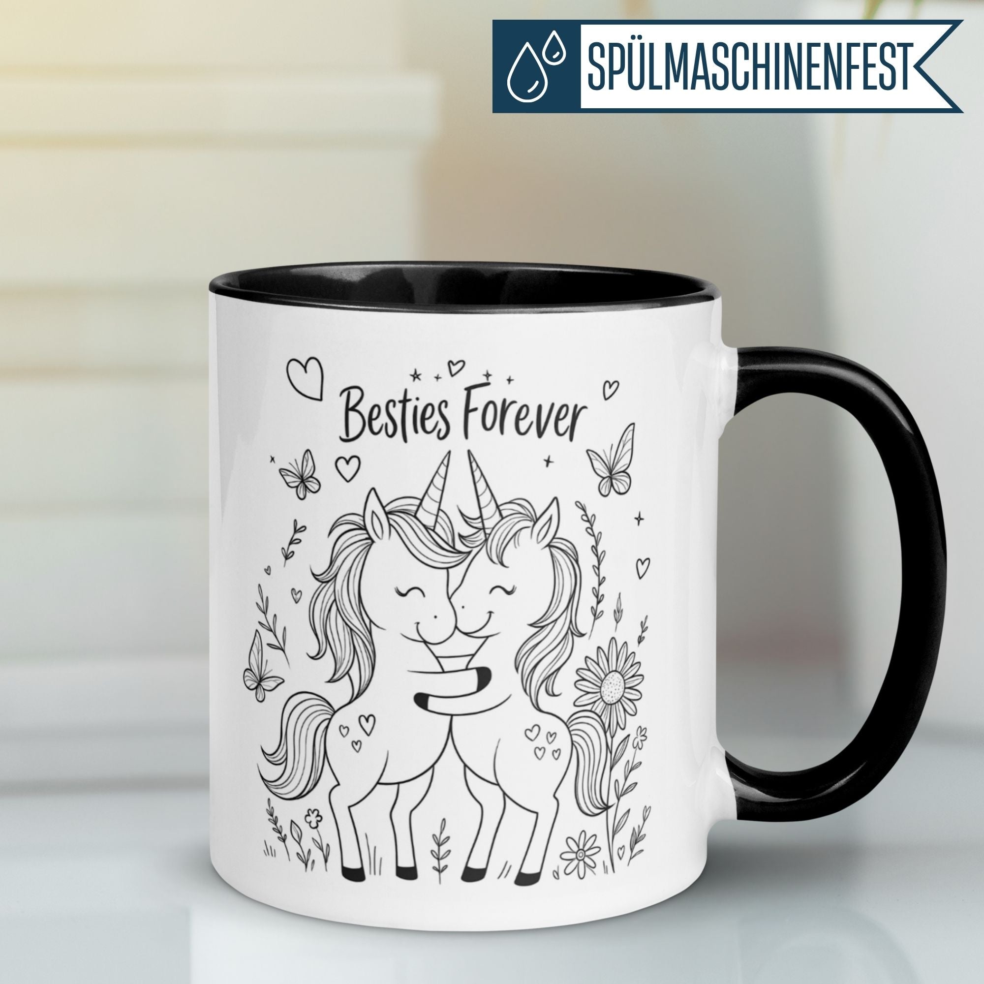 Momentals Tasse mit Einhörnern, "Besties Forever", farbenfrohes Design für beste Freundschaften.