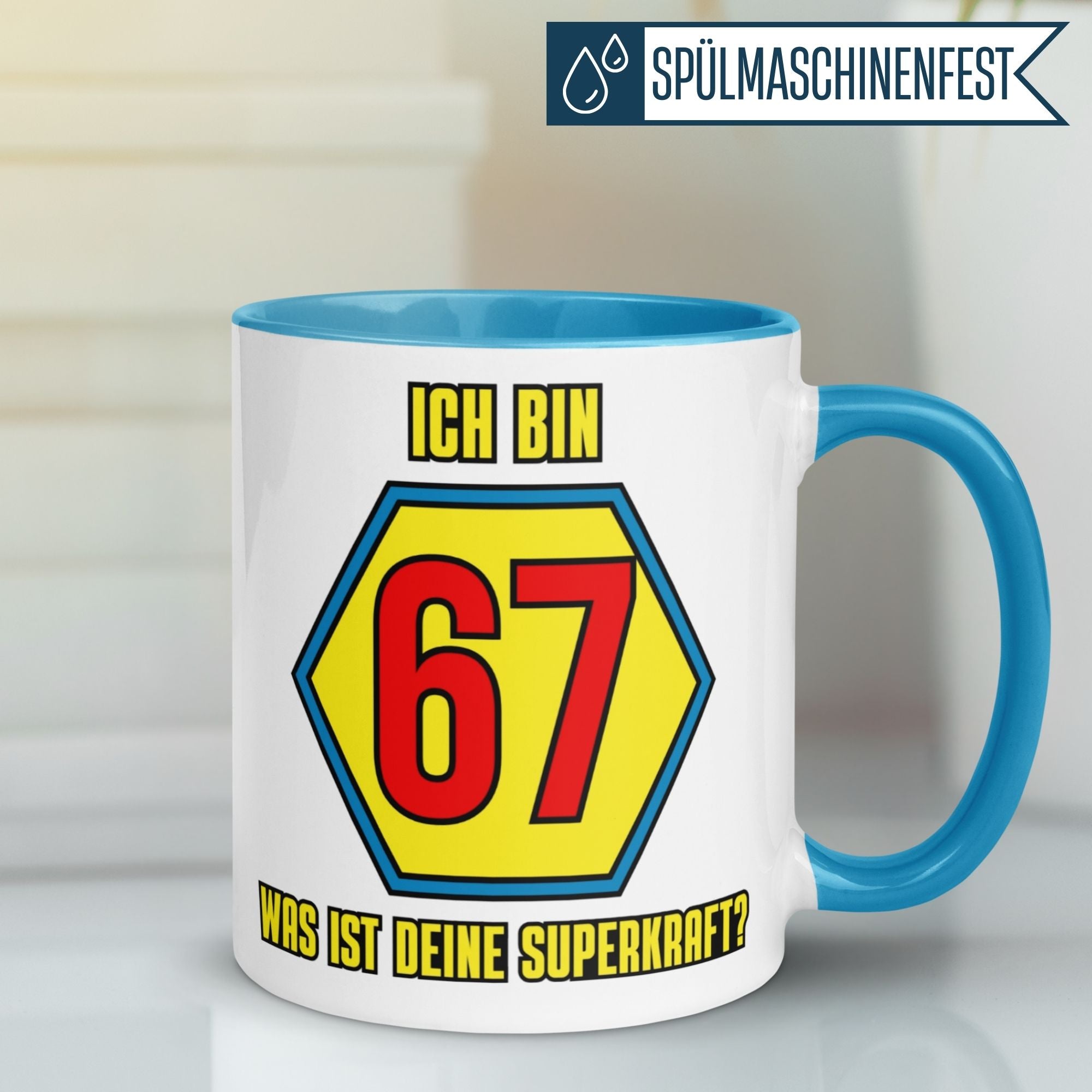 Momentals® Tasse 67. Geburtstag | Superheld & Spruch | Ich bin 67 und was ist deine Superkraft