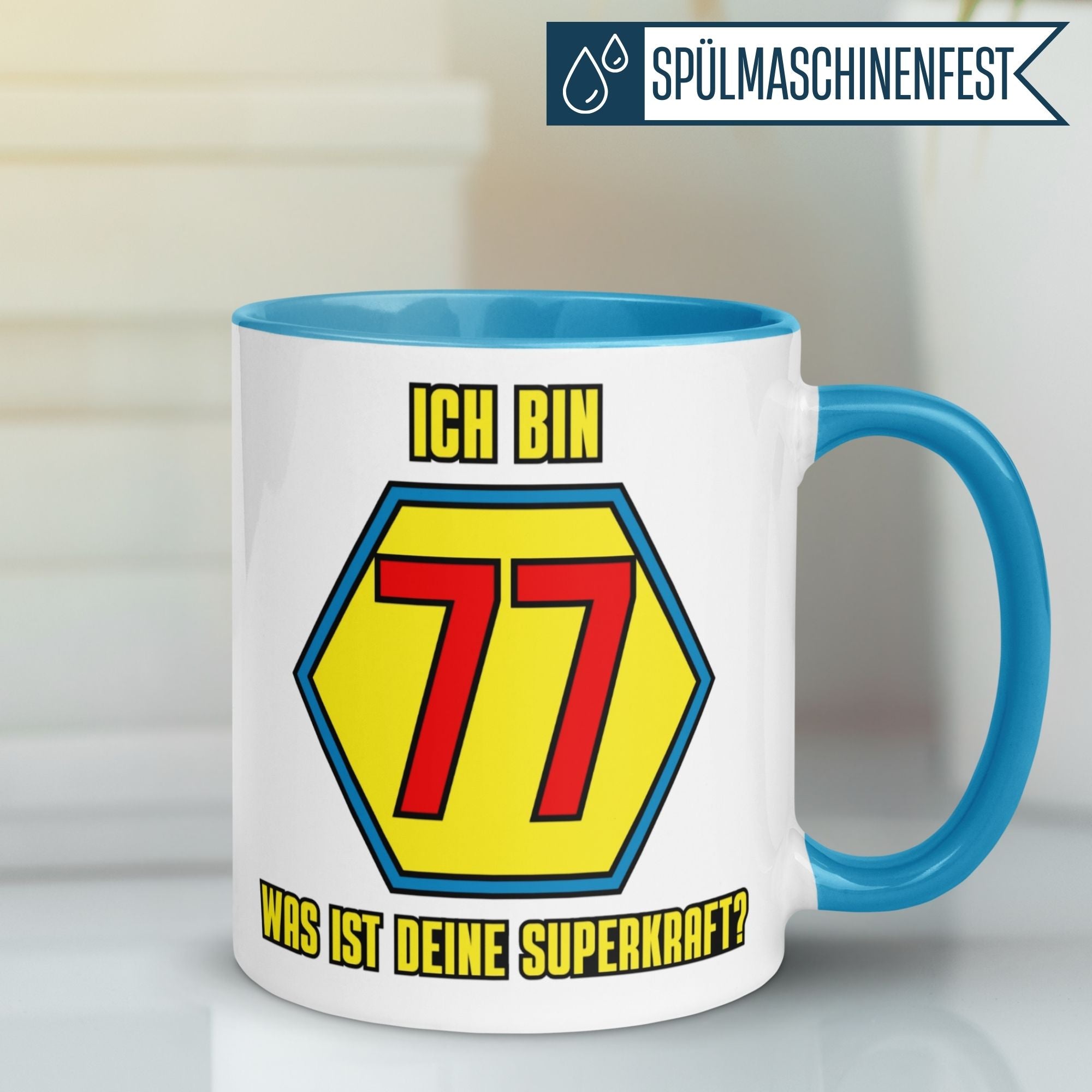 Momentals® Tasse 77. Geburtstag | Superheld & Spruch | Ich bin 77 und was ist deine Superkraft