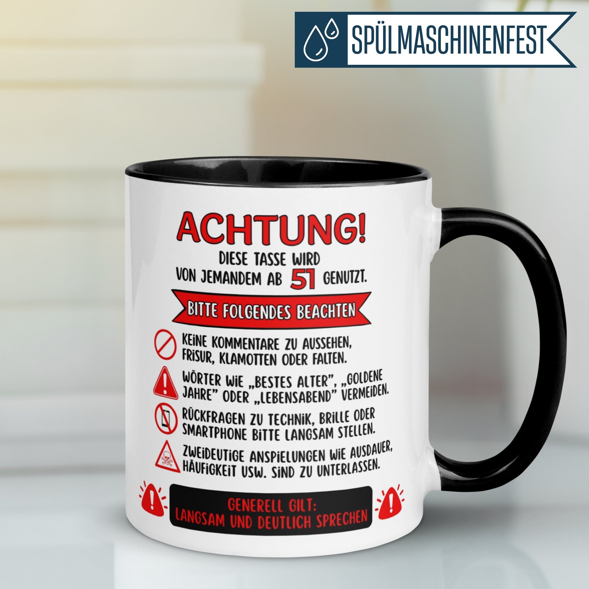 Momentals® Tasse 51. Geburtstag | Warnhinweise & Spruch | Diese Tasse wird von jemandem ab 51 genutzt