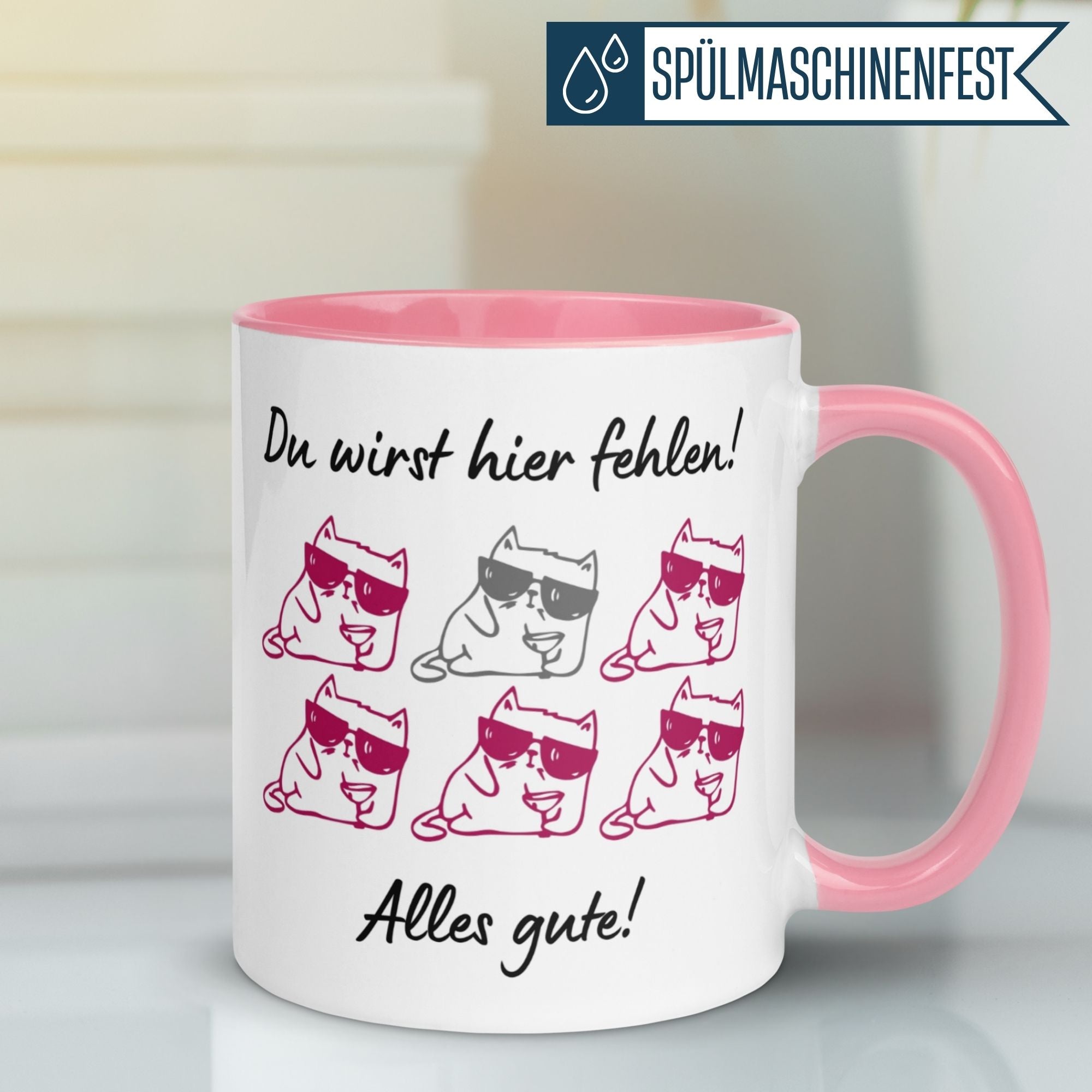 Momentals Tasse mit Katzen und Spruch "Du wirst hier fehlen! Alles Gute!" für Kollegen.