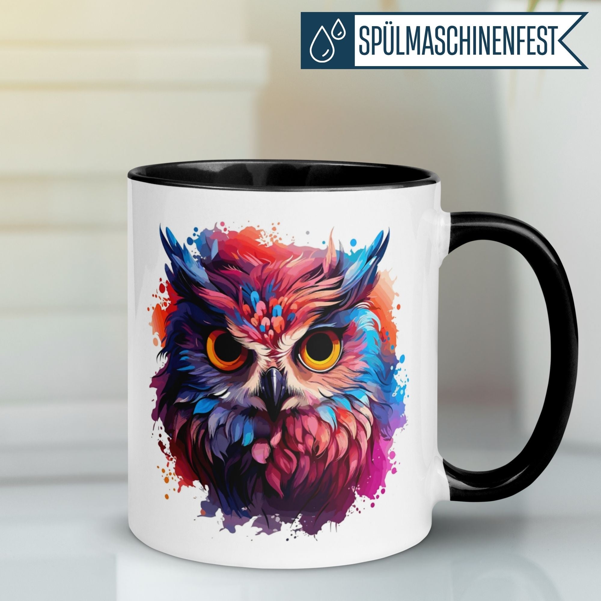 Bunte Momentals Tasse mit Eule im Aquarell-Stil, perfektes Geschenk für Tierliebhaber.