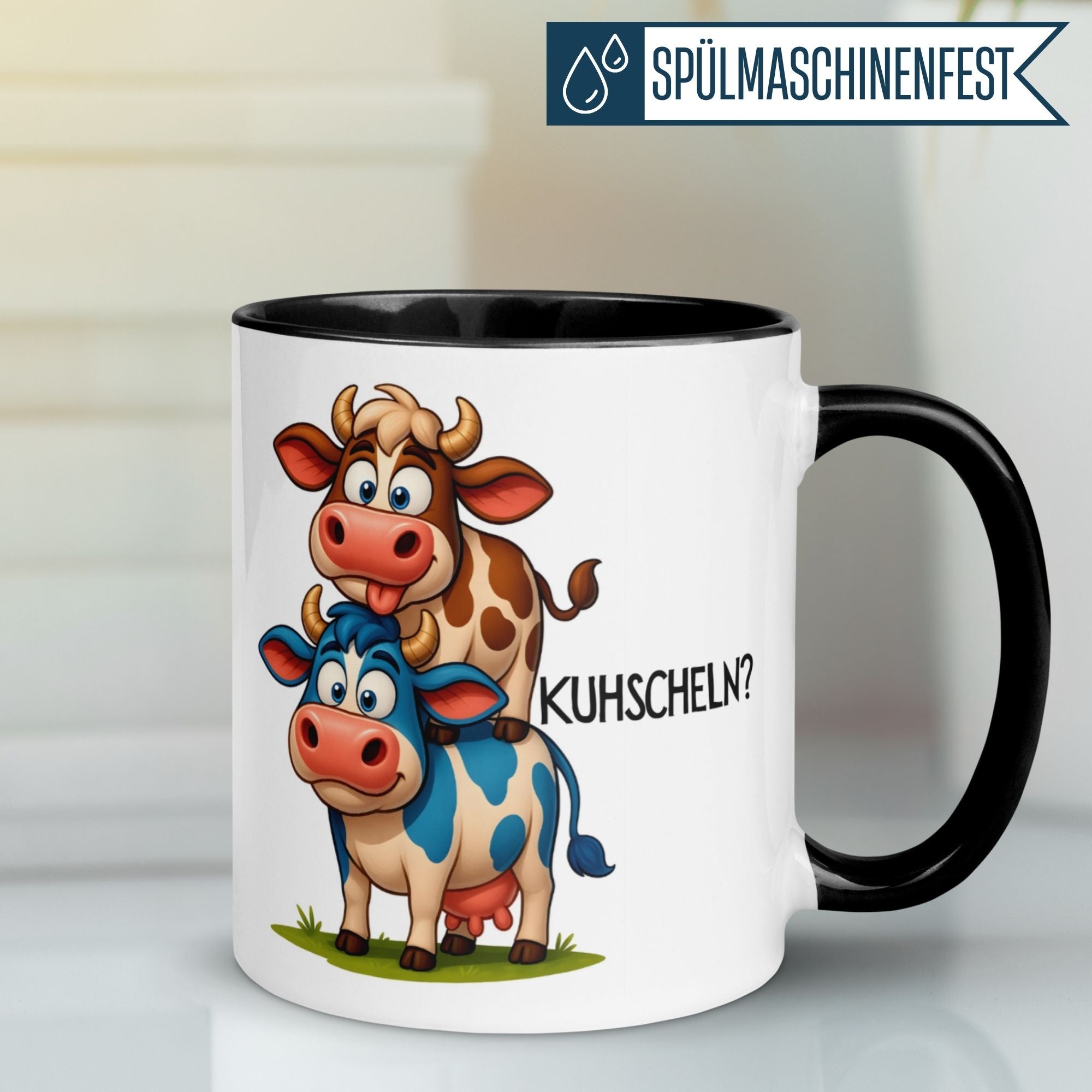 Tasse Kuh – „Kuhscheln?“ – lustiges Ich liebe Dich Geschenk