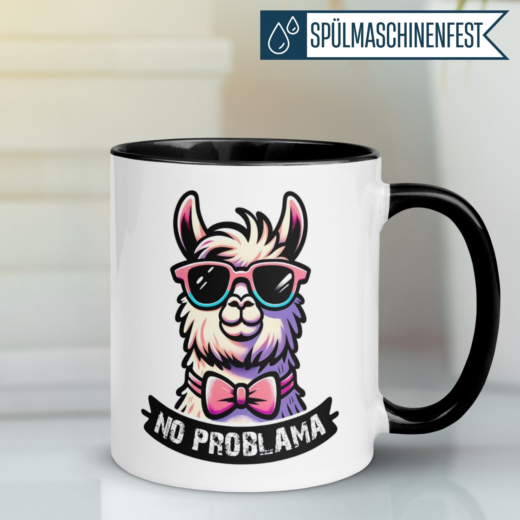 Momentals Tasse mit Lama-Motiv, Sonnenbrille und pinker Fliege, Spruch "No ProbLama".