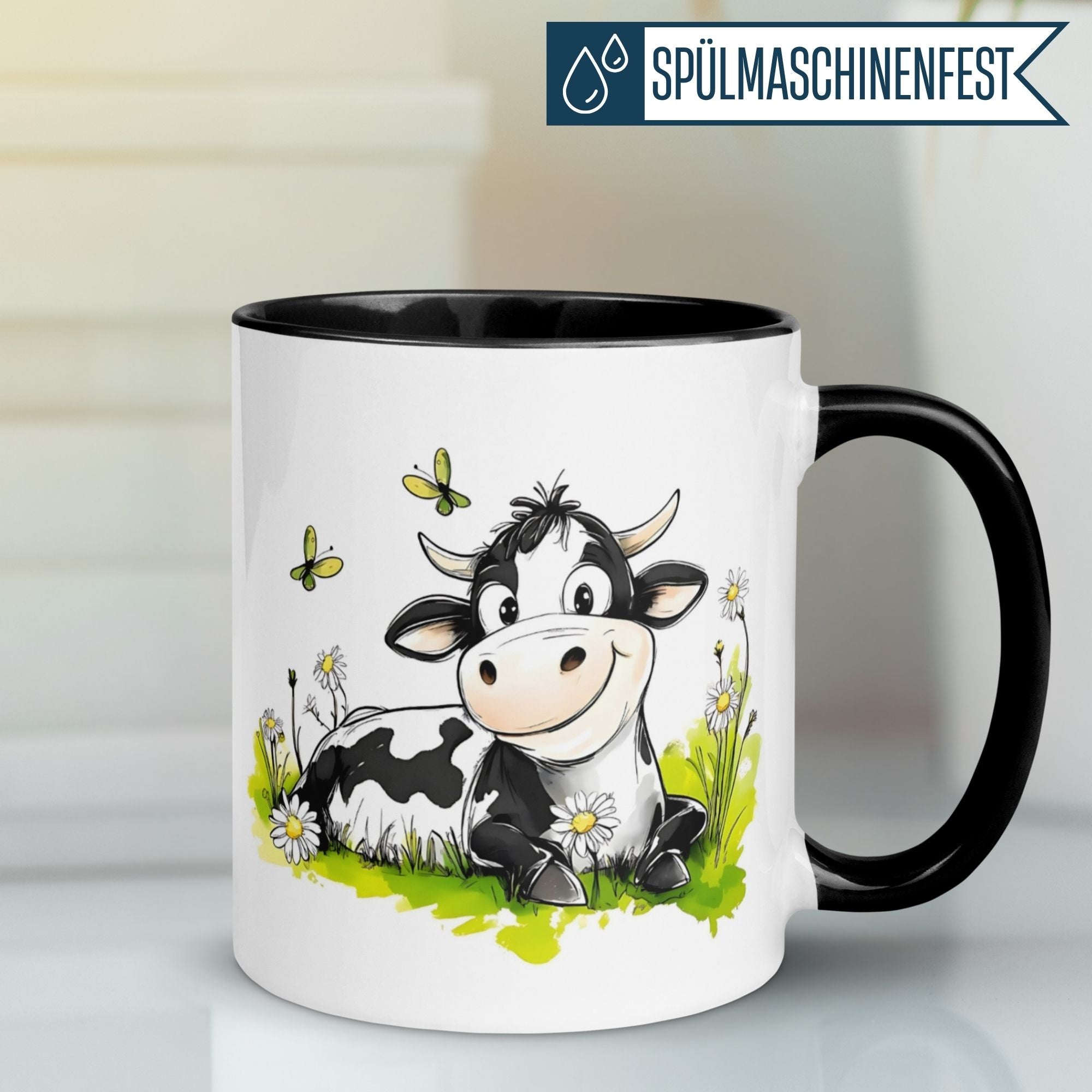 Momentals® Tasse mit lächelnder Kuh auf Blumenwiese, perfekt für Morgenmuffel und entspannte Kaffeepausen.