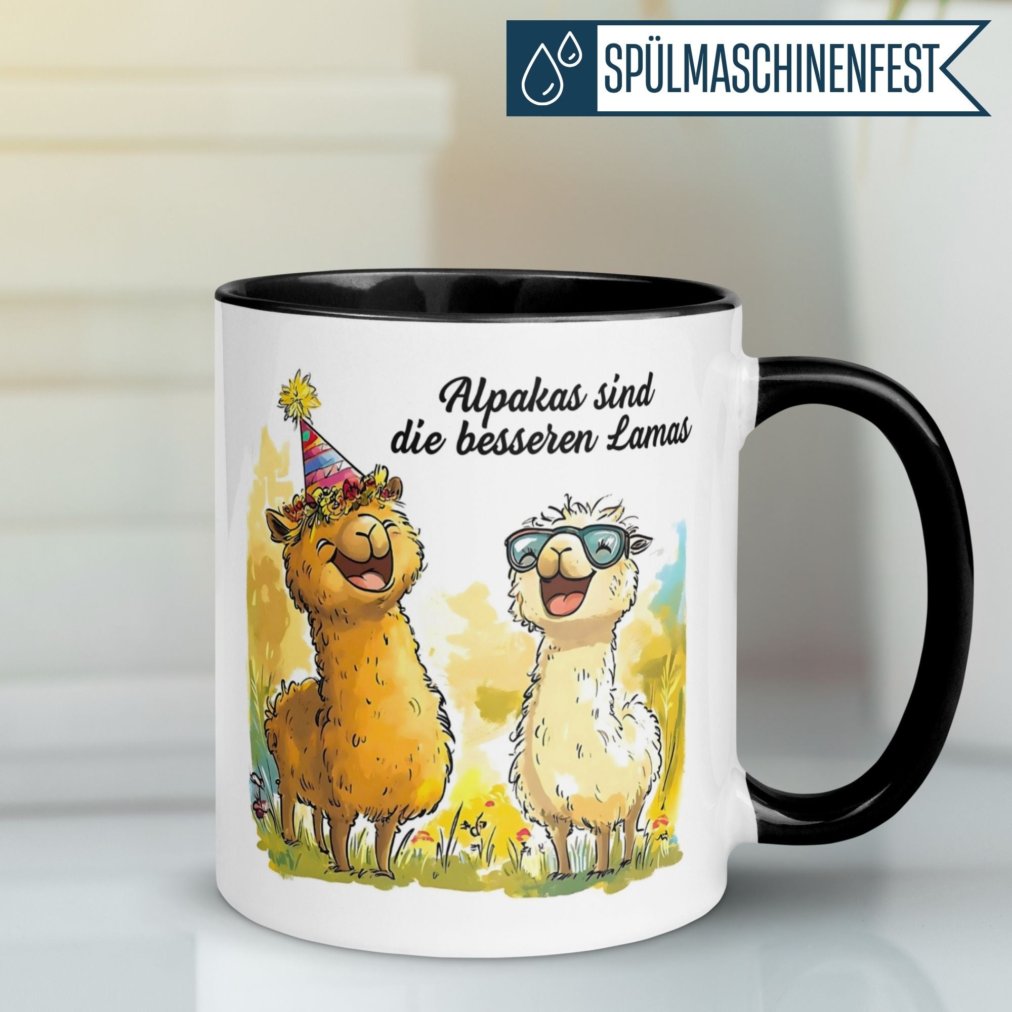 Momentals® Tasse mit witzigen Alpakas: "Alpakas sind die besseren Lamas" in fröhlichem Design.