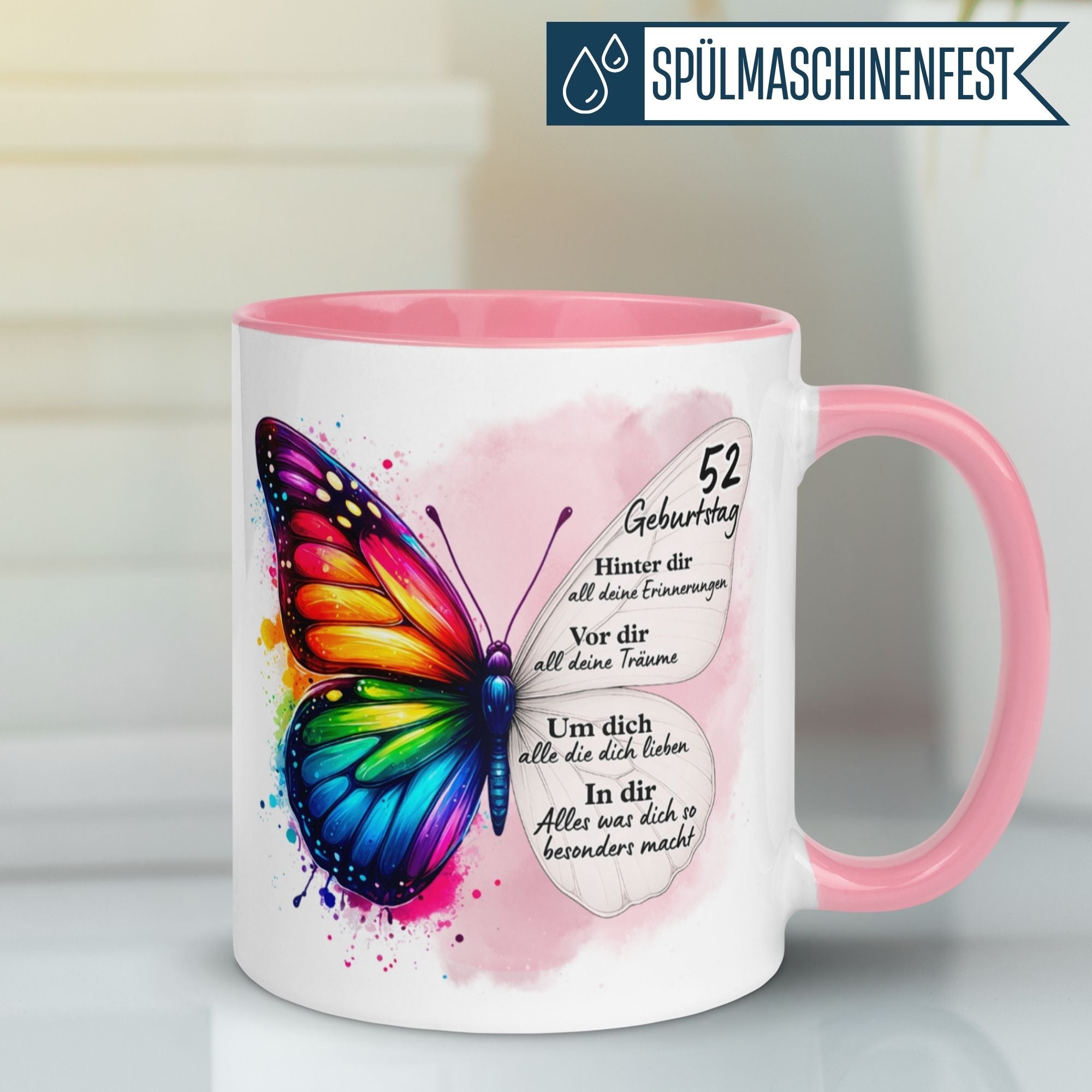 Momentals® Tasse 52. Geburtstag | Schmetterling & Spruch | Hinter dir Erinnerungen - vor dir Träume