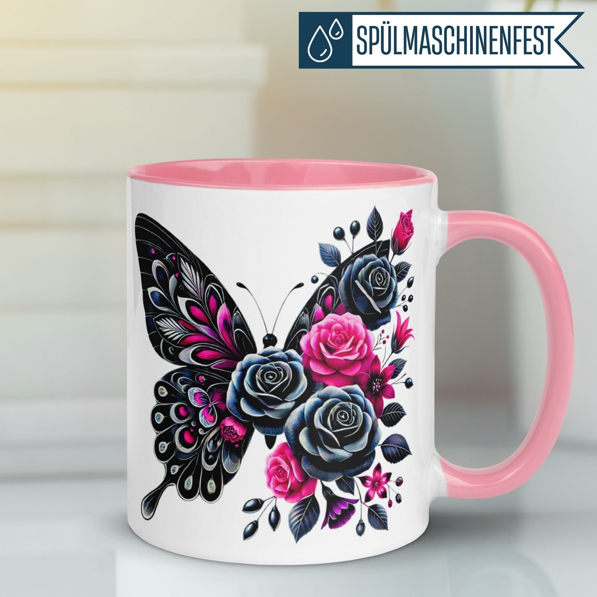 Momentals® Tasse | Schmetterling & Rosendesign | Dunkle Eleganz in Schwarz & Pink