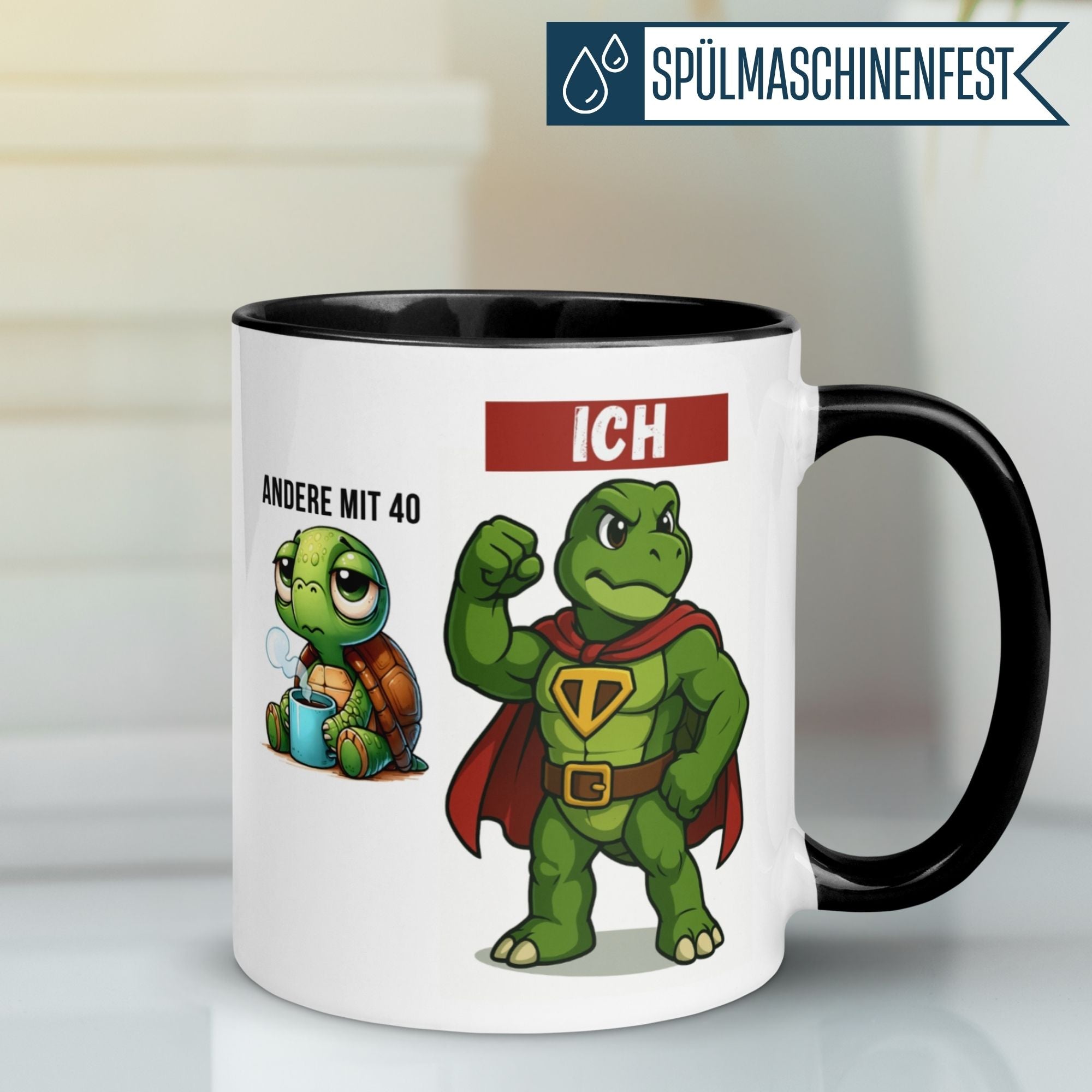 Momentals® Tasse mit humorvollem Schildkröten-Motiv für den 40. Geburtstag, perfekt für Männer.
