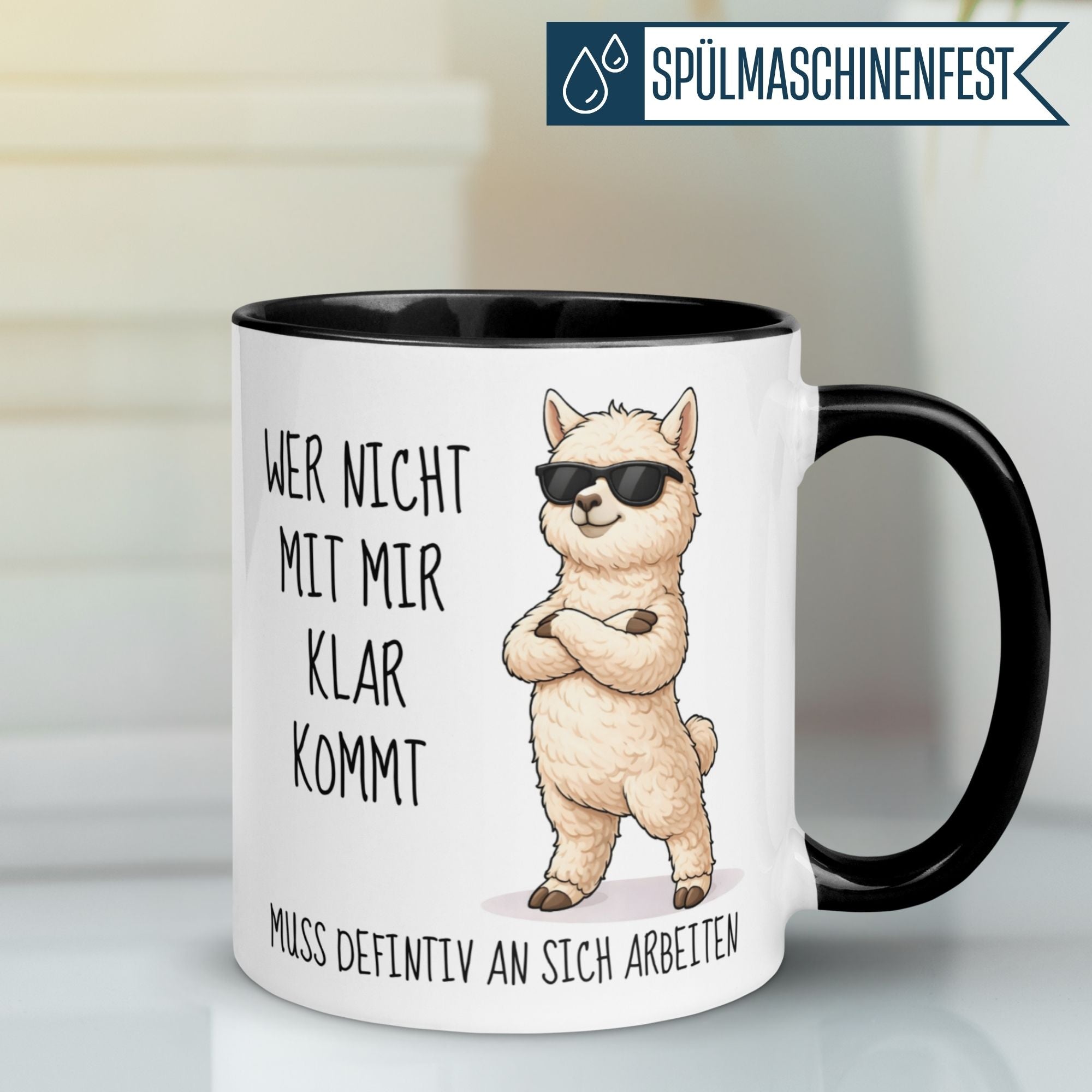 Tasse Alpaka – „Wer nicht mit mir klar kommt“ – lustiger Geschenk Becher