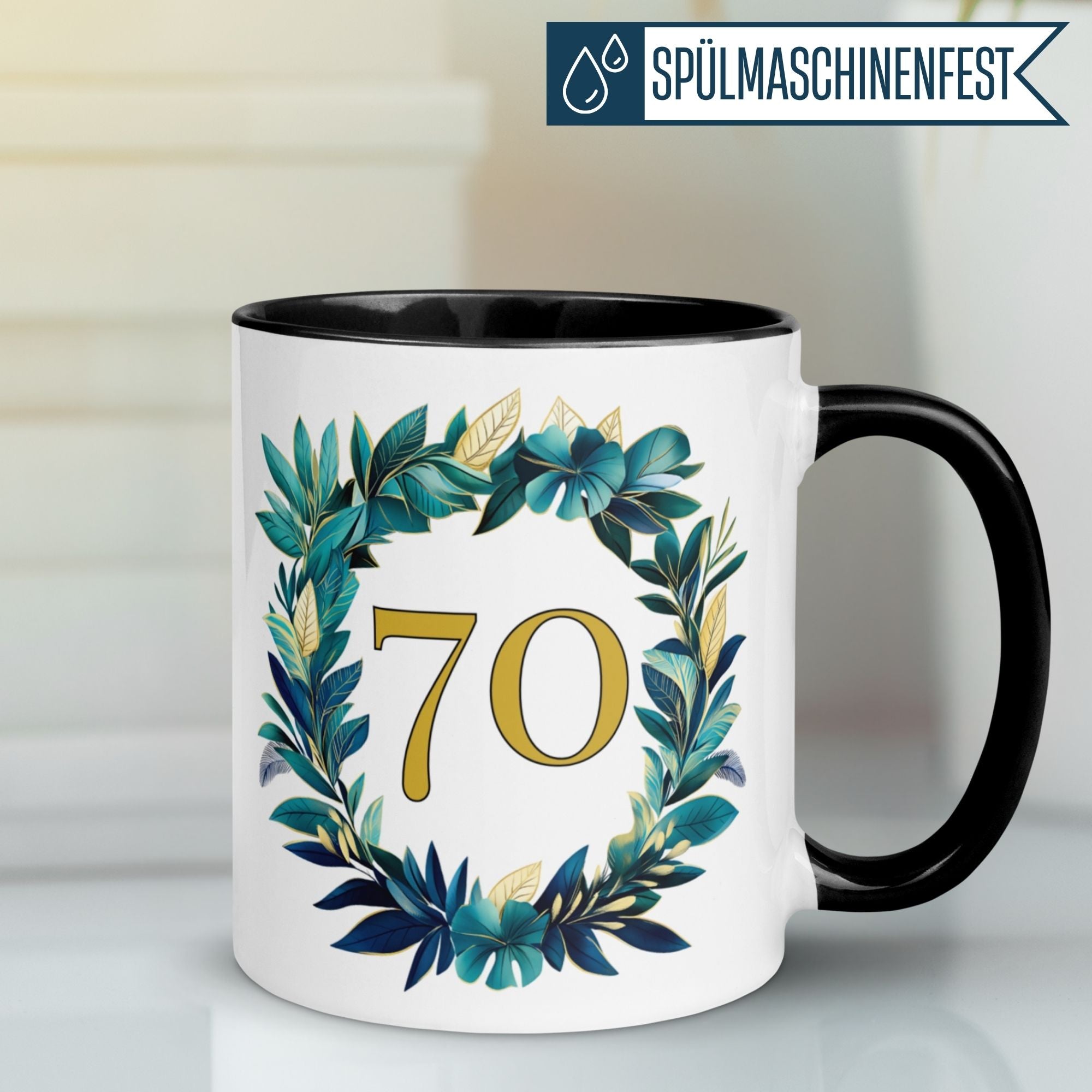 Stilvolle Momentals® Tasse zum 70. Geburtstag mit goldener Zahl im eleganten Blätterkranz.