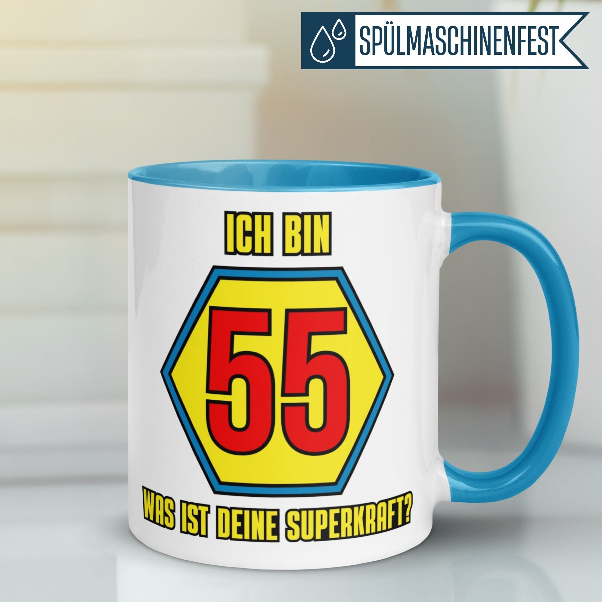 Momentals® Tasse 55. Geburtstag | Superheld & Spruch | Ich bin 55 und was ist deine Superkraft