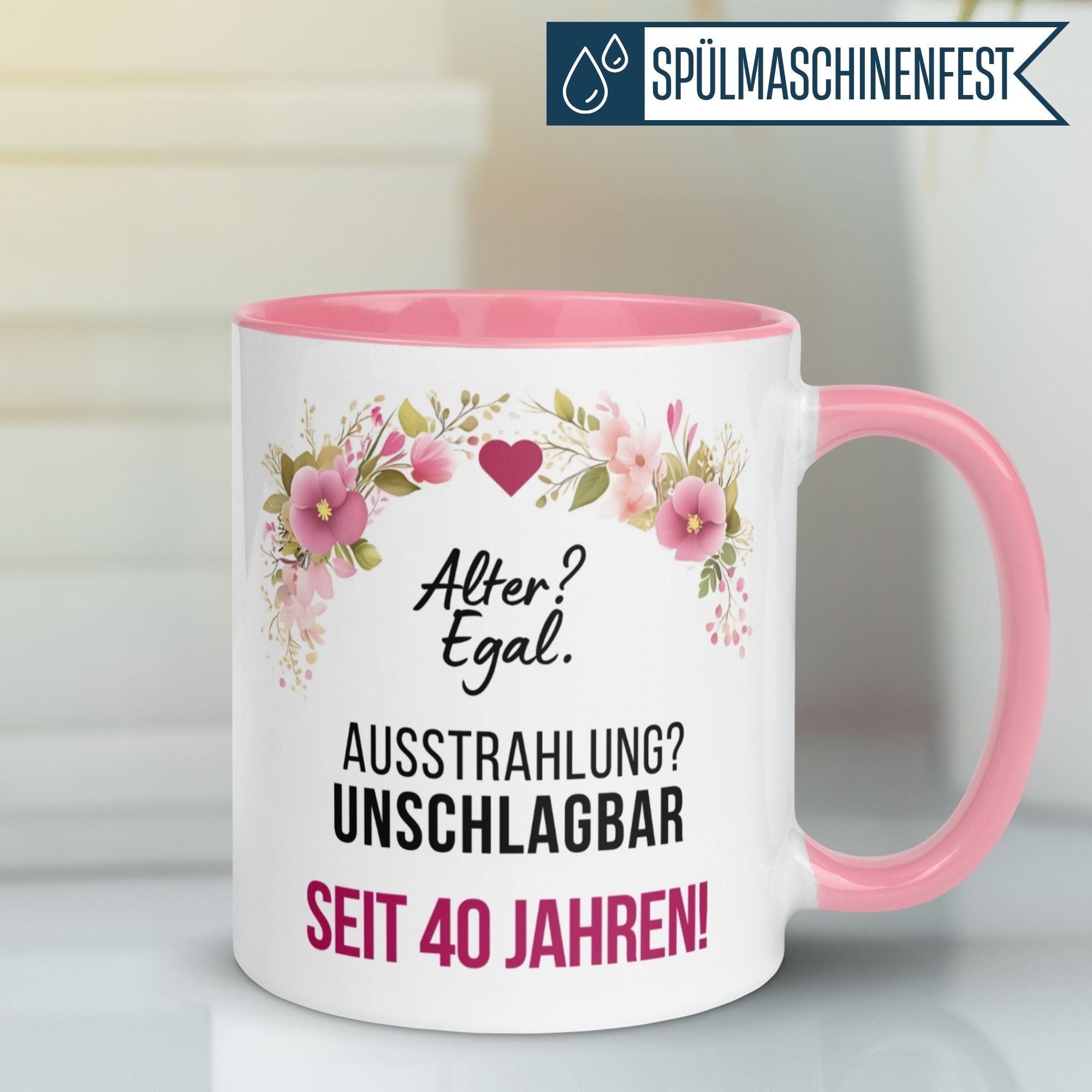 Momentals® Tasse 40. Geburtstag | Blumen & Spruch | Ausstrahlung - Unschlagbar seit 40 Jahren